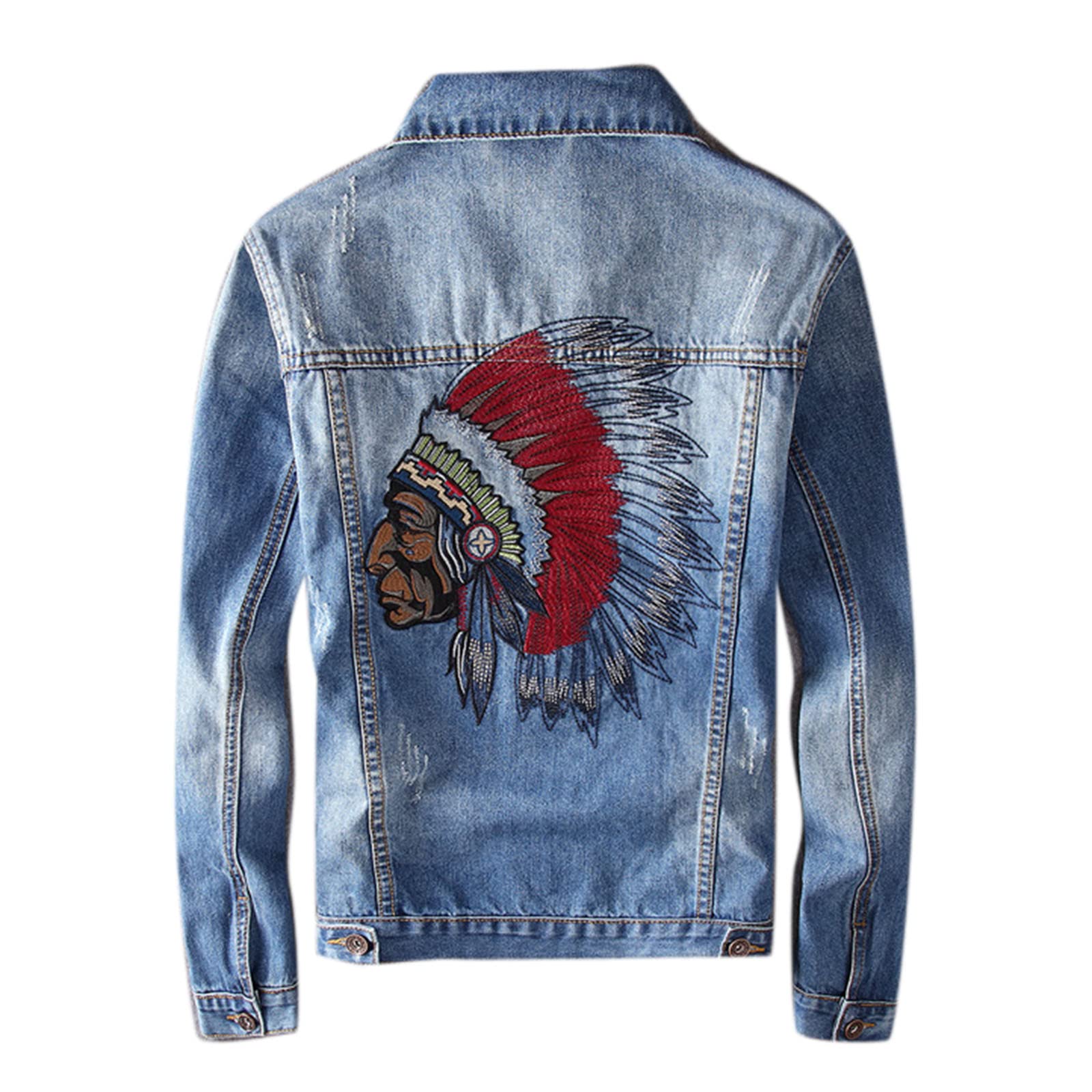 keepmore Men Retro Blue Indian Chief Embroidery Denim Jackets Men Hip Hop Punk Coats