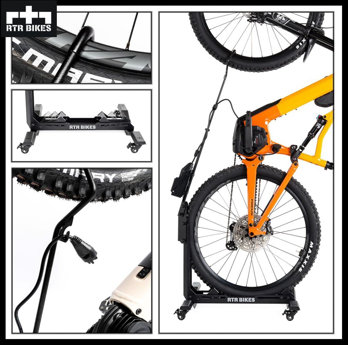RTR BIKES Brutus Up Pro Soporte Bicicleta Móvil con Ruedas – Estación de Carga E-Bike con Porta Cargador – Rack Vertical hasta 30kg – Neumáticos 3,5" – Hecho en UE