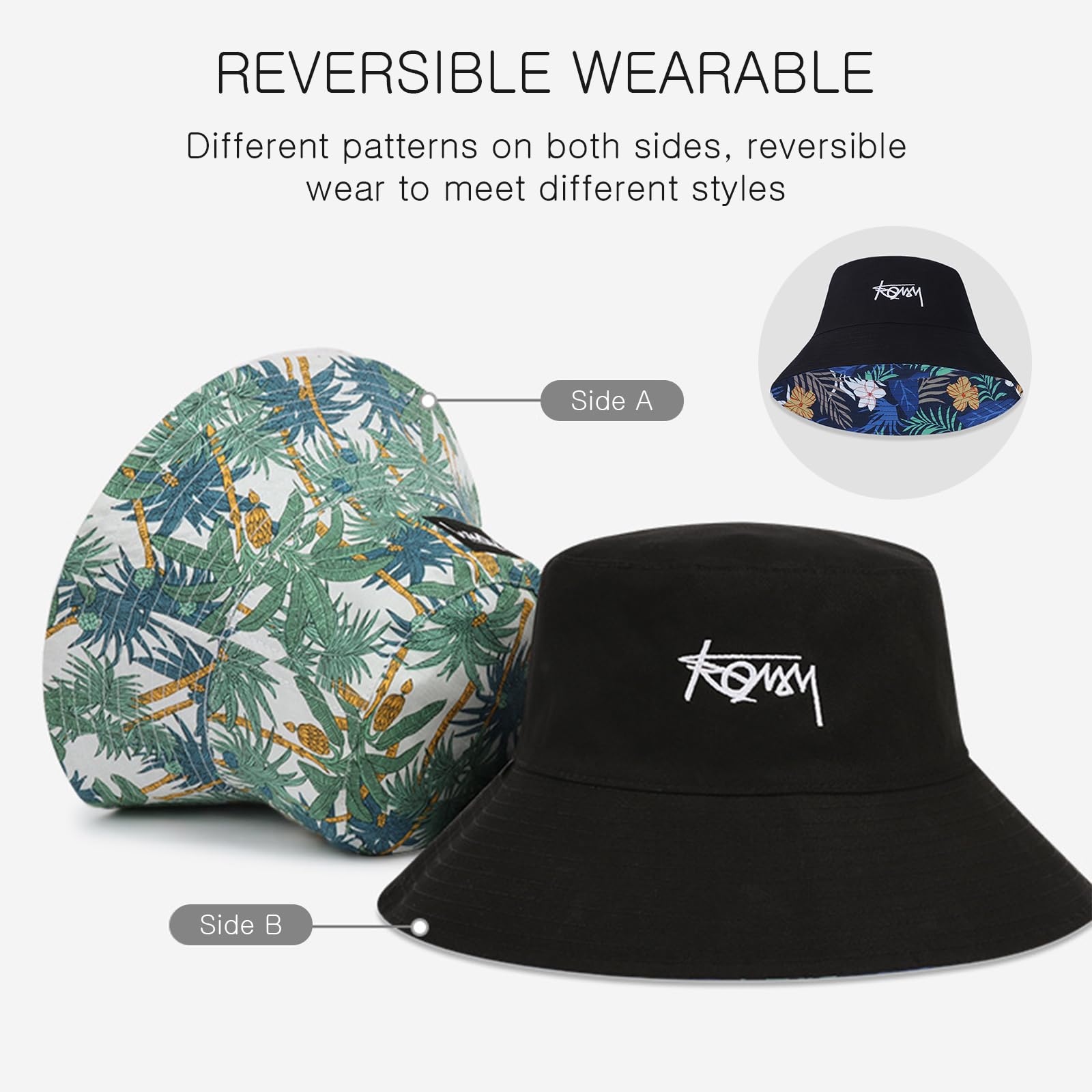 LumiSyne Chapeau De Pêcheur Réversible Unisexe Couleur Unie avec Lettres/Imprimé Style Hawaïen Bob Chapeau De Seau avec Jugulaire Détachable Pliable Coton Chapeau De Soleil pour Été Plage Voyage