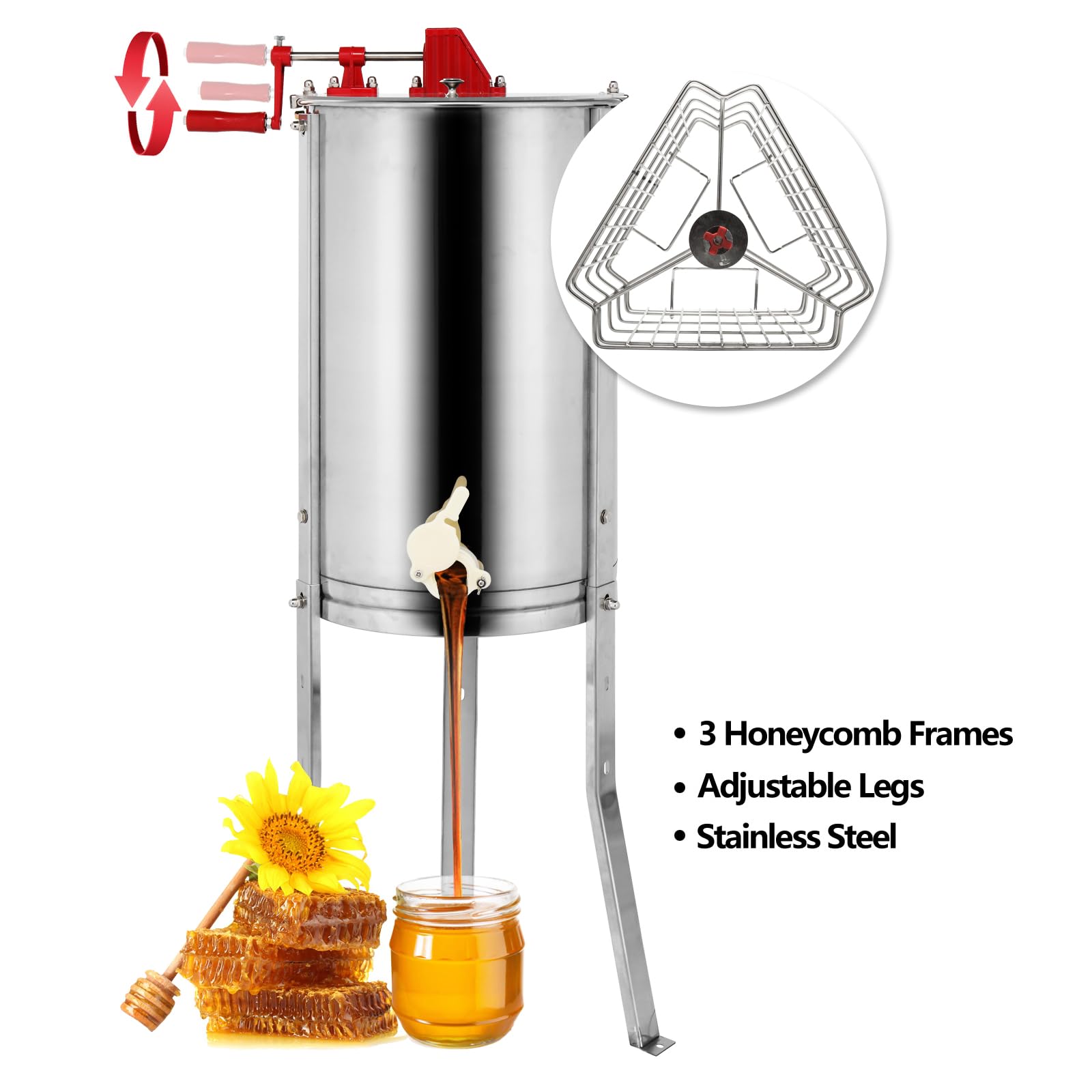 Bonnlo Extracteur de Miel Manuel, Centrifugeuse Séparateur Miel en Acier Inoxydable avec Support, Équipement d'Apiculture pour Extraction de Miel (3 CADRES)
