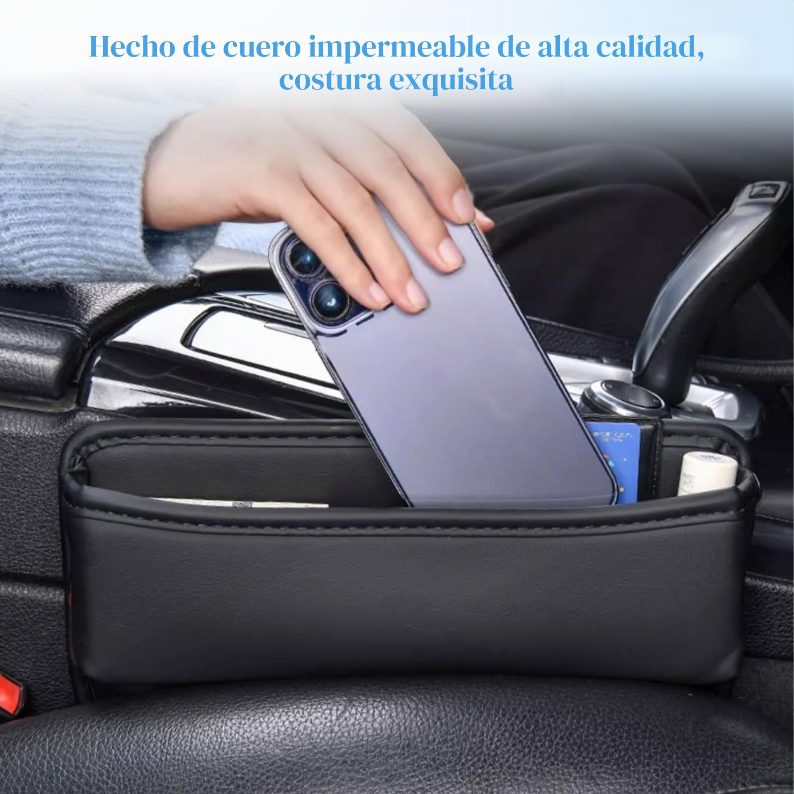 Organizador de Automóvil Consola Central, 2 Pack de Organizadores de Asiento de Coche de Cuero para Teléfono, Llaves, Gafas de Sol