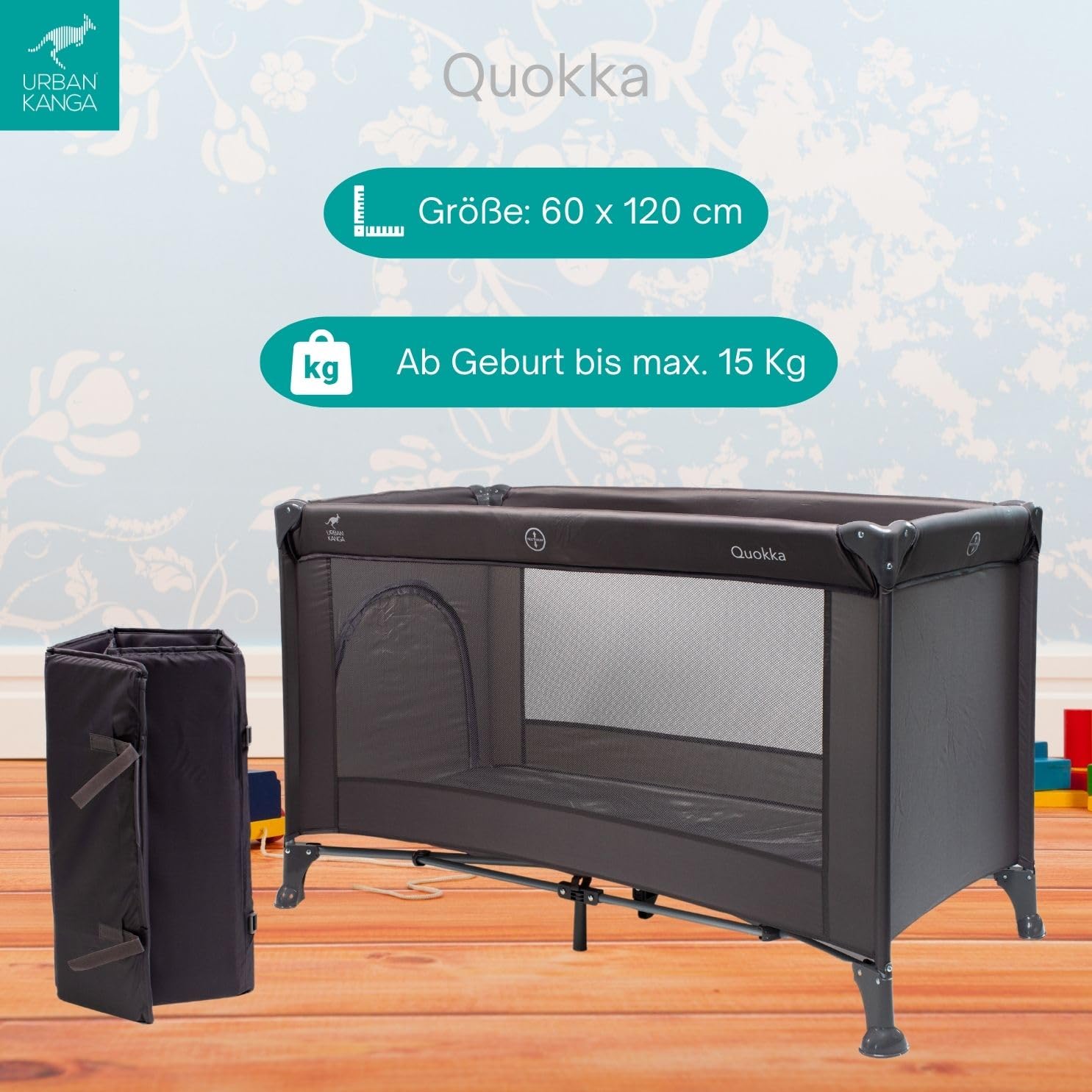 Urban Kanga QK Kinder Reisebett mit Seitlicher Öffnung 60x120cm (QK Reisebett, Dunkelgrau)
