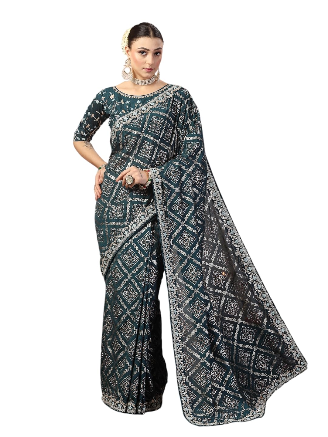 Stylum Women's Ethnic Bhandej Foil Printed Silk Saree (Srtealtripti_Teal)
