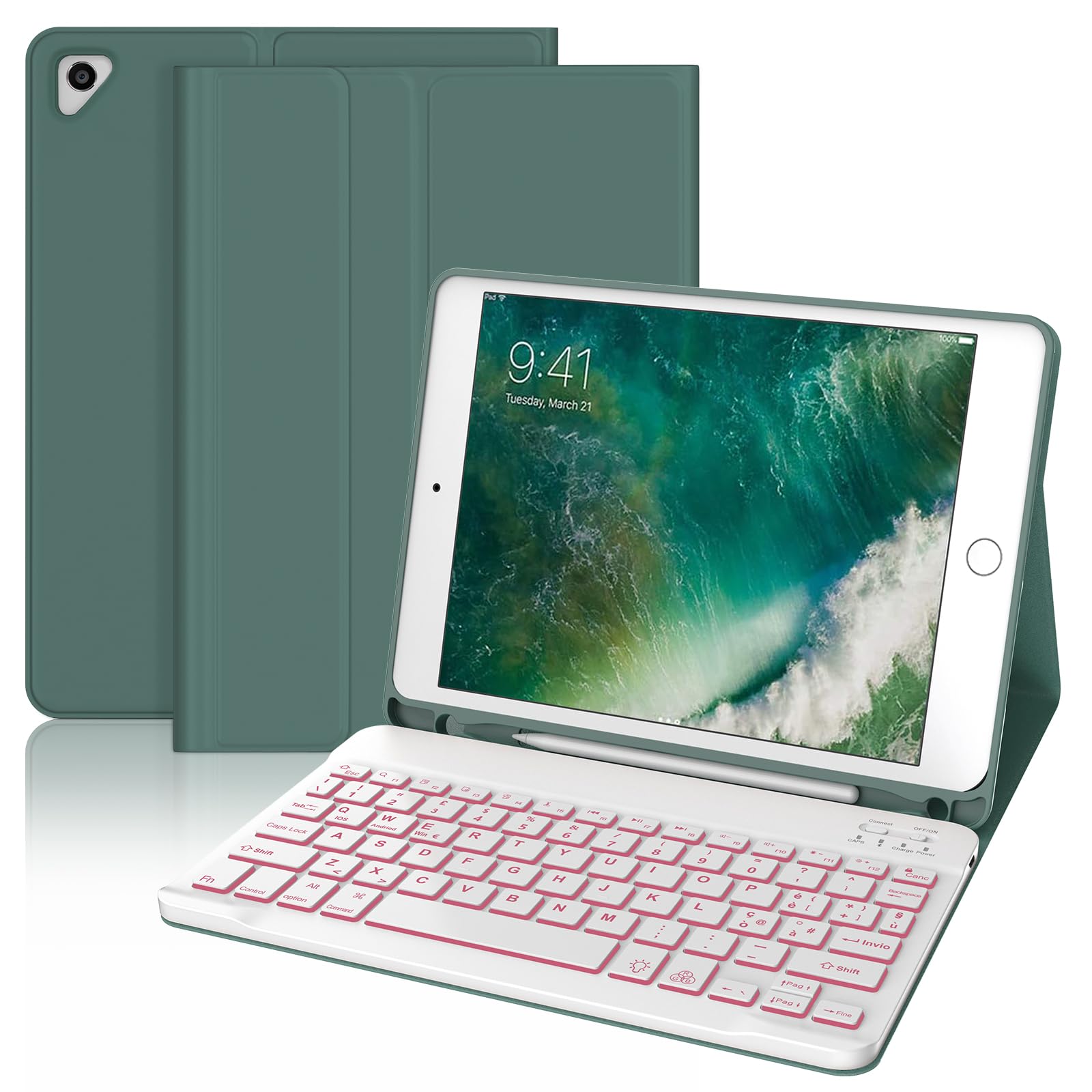Tastiera iPad 6 Generazione, Custodia con Tastiera per iPad 9.7, Cover Tastiera Bluetooth Retroilluminazione Italiano Magnetica Tastiera iPad 5, iPad pro 9.7, iPad Air 2, iPad Air 1, Verde scuro