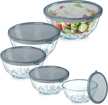 ENVTEK Thick Glass Mixing Bowls with Airtight Lids Set, 5-Piece Nesting Bowls for Baking & Meal Prep, BPA Free, Dishwasher Safe, 0.5/0.8/1.6/2.7/4.4 Quart - Gray