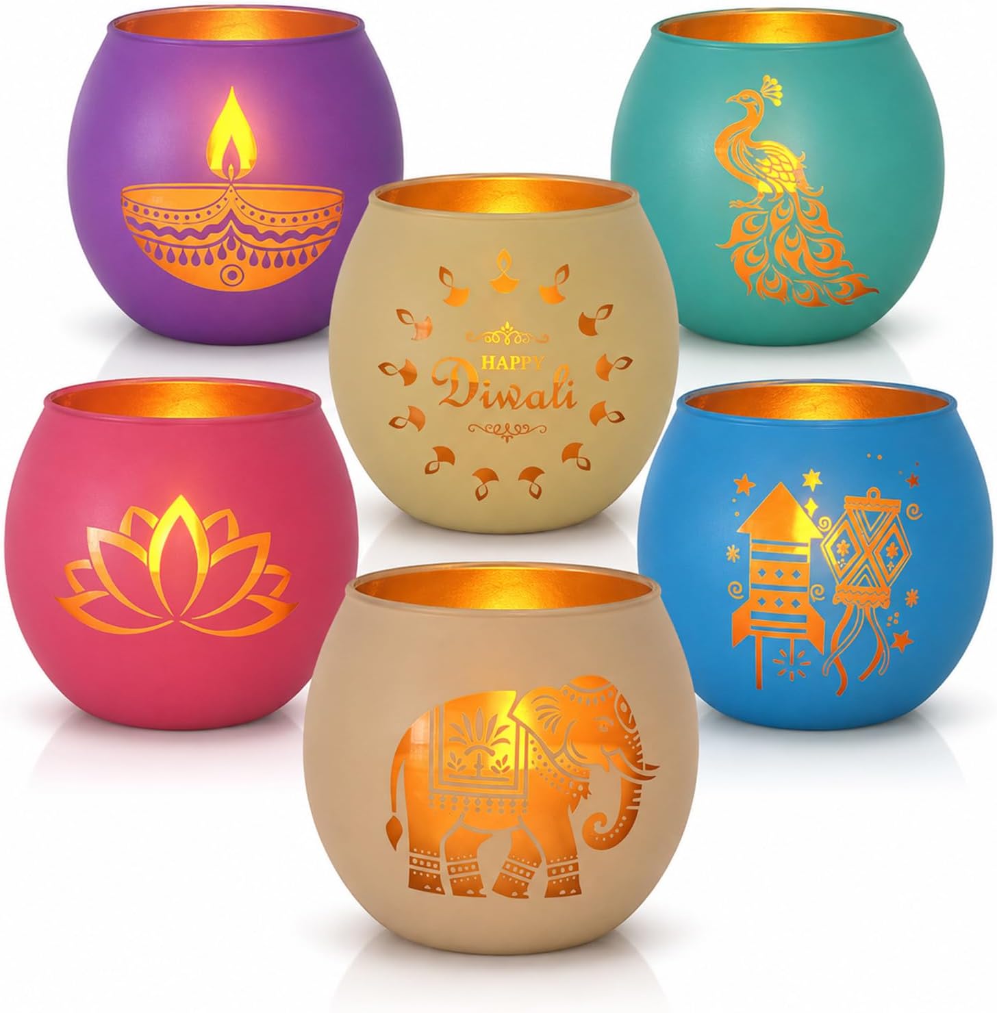 Happy Diwali Decorations for Home, 6 Set Diwali Gifts Colorful Glass Tealight Votive Candle Holder with Tealights for Friends Home Table Centerpiece Decor (Diwali)