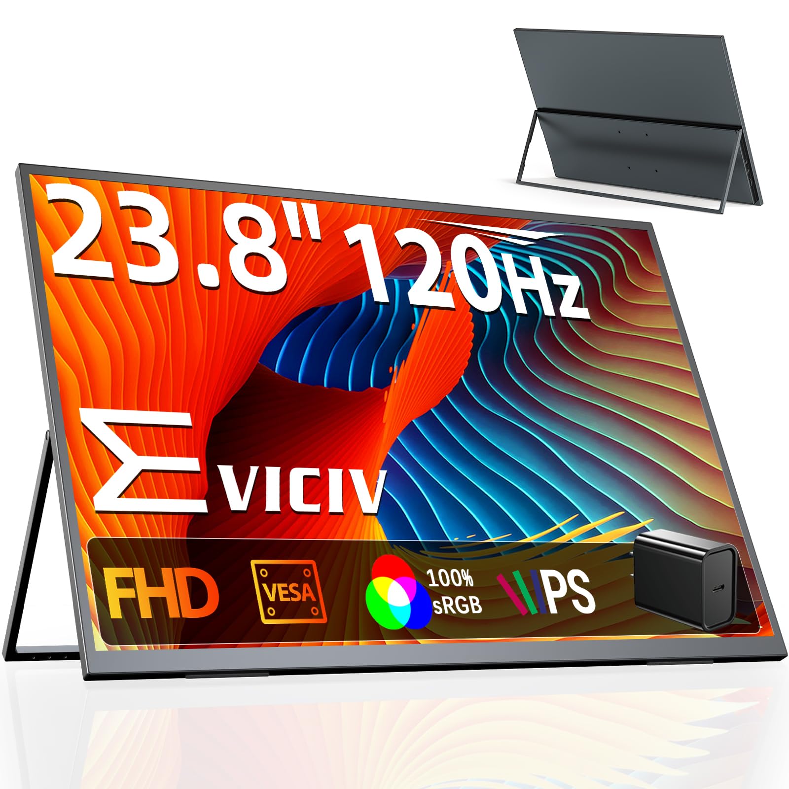 EVICIV QLED モバイルモニター 23.8インチ 120Hz 大画面 モバイルディスプレイ USB-C給電 FHD 1080P 1000:1 100%sRGB 非光沢 薄型 ポータブルモニター 自立型スタンド付き HDR VESA対応 壁掛け 商務会議 在宅勤務 サブモニター ノングレア スピーカー内蔵 全機能TypeC/標準HDMI端末 PC/Macなど対応 ファイル閲覧 EVC2308