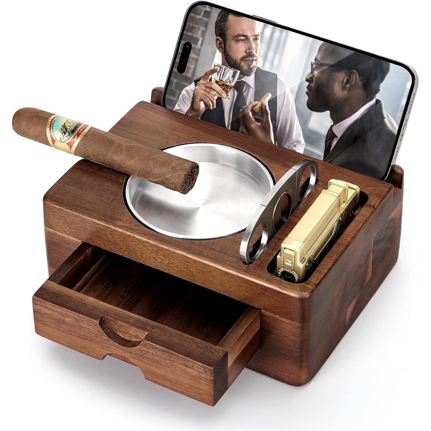 Wooden Cigar Ashtray with Cigar Cutter and Accessories Drawer