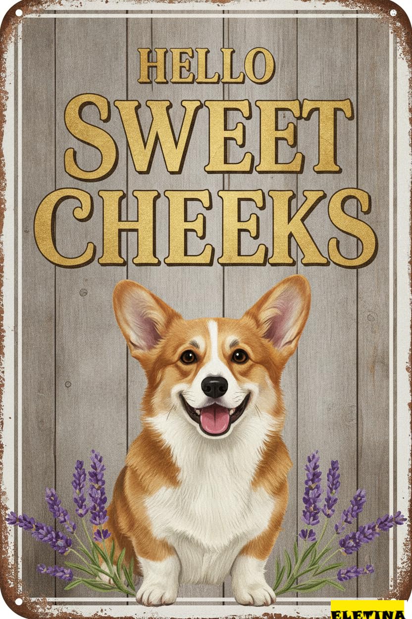 Personalized Sign for Man Cave Corgi Tin 8x12in Vintage Dog Metal Hello Sweet Cheeks Funny Tin Retro Metal Home Farm Toilet Restroom Washroom Wall Decor Gift(2806b) Private Property Decorative