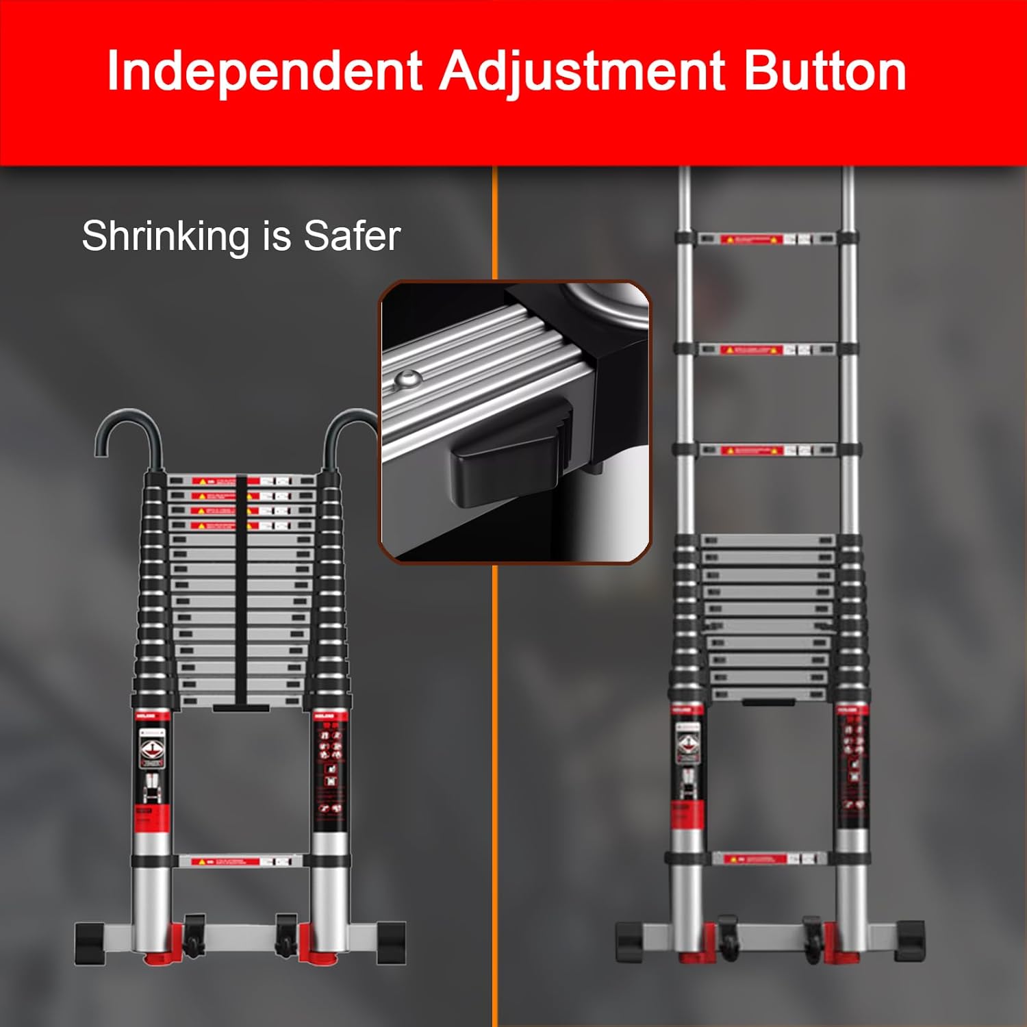 Telescopic Aluminum Ladder Portable Folding Ladder with Wheels & Balance Rod Multi-Purpose Extending Ladder for Home Office and DIY Projects