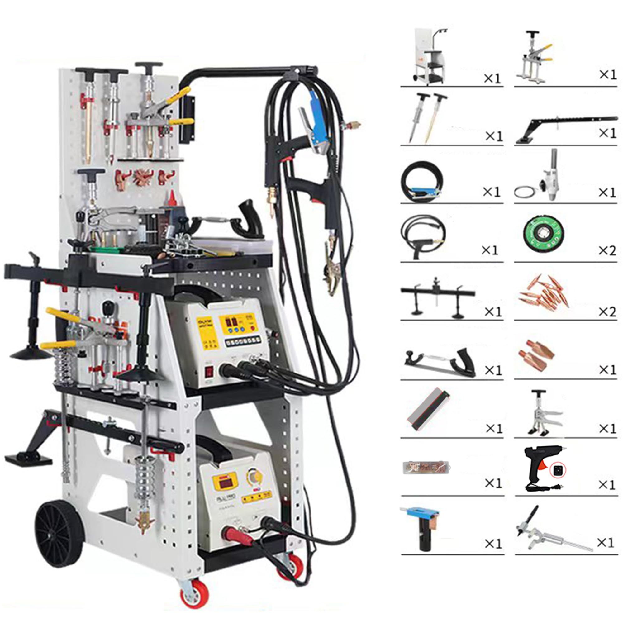 HQHAOTWU Steel&Aluminum Dent Pulling Machine Stud Welder Car Repair Spot Dent Puller Vehicle Body Dent Pull Tool Kit with Professional Tool Cart 220V