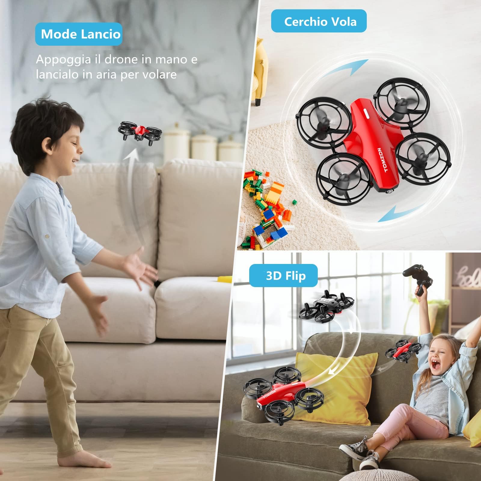 Tomzon A24 Mini drone da Combattimento per Bambini, 24 Min di Autonomia, Quadricottero con Protezione 360°, Drone Giocattolo Telecomandato con Lancio a Mano/3D Flip/Volo Circolare, Rosso