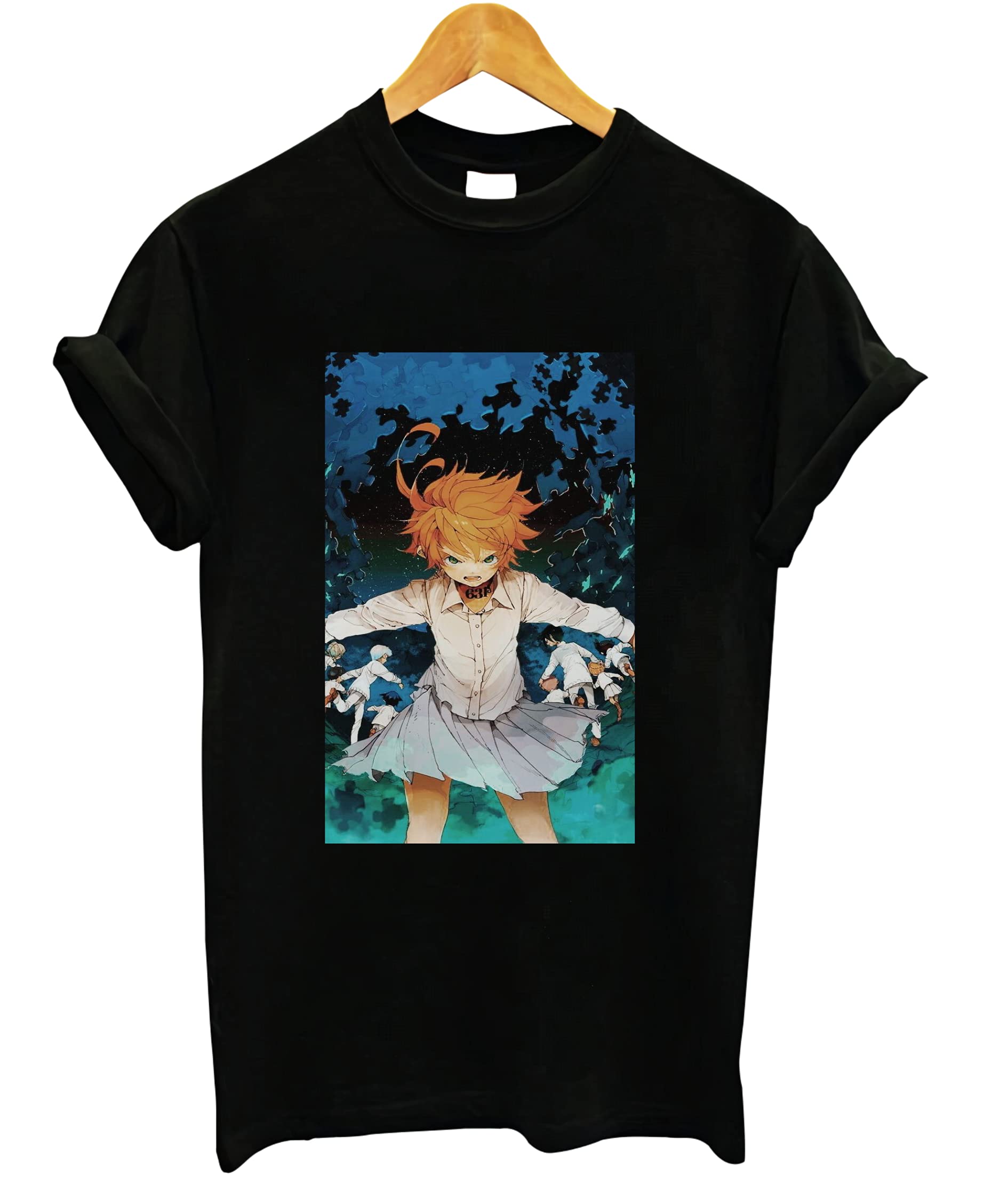 sl-EisblocksirLOBO'S Emma (The Promised Neverland) Men & Women Anime Print 100% Cotton (Bio wash) Black Unisex T-Shirt