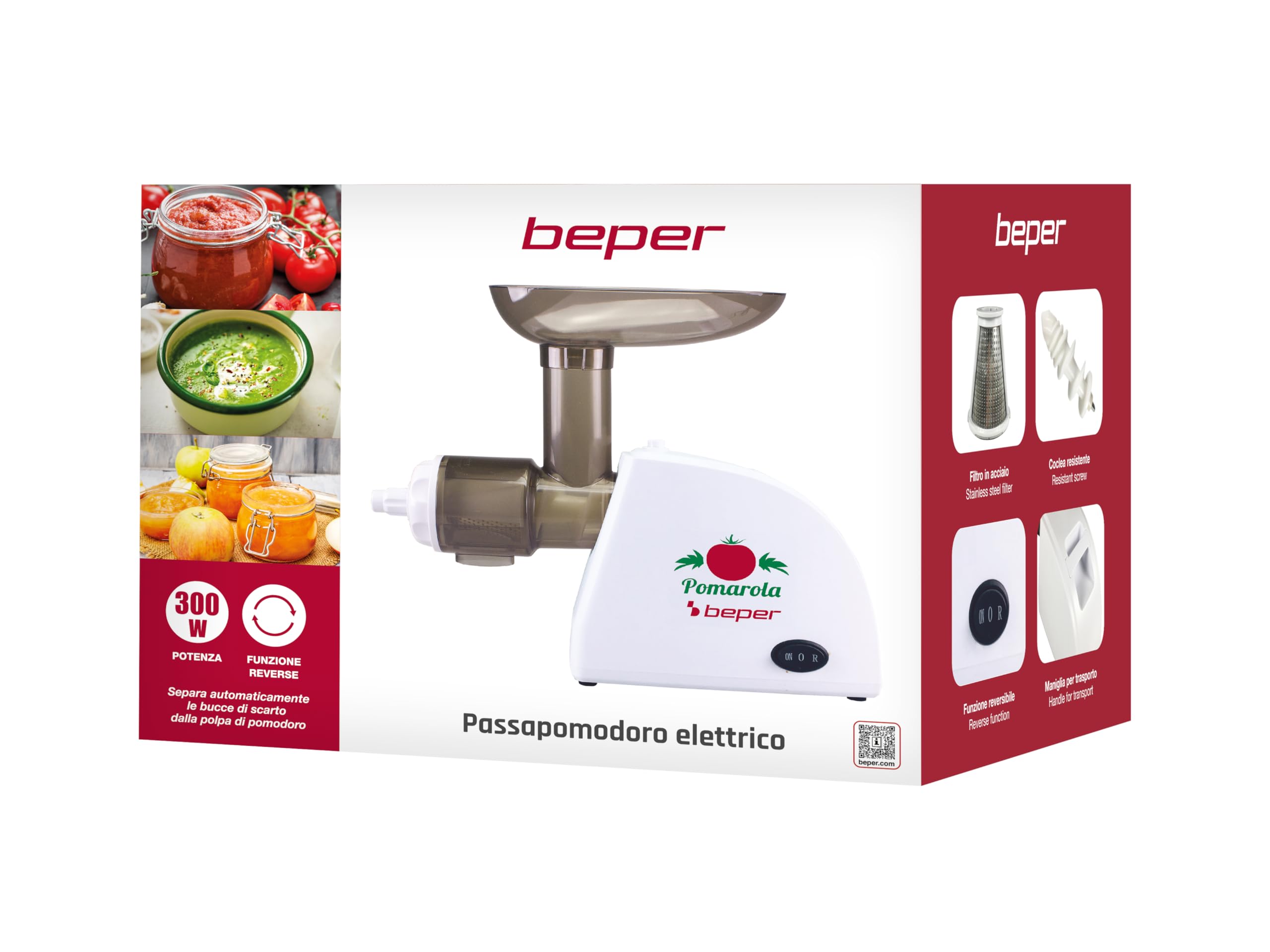 BEPER BP.720 Presse Tomates Electrique et Filtre, Blanc, 300 W
