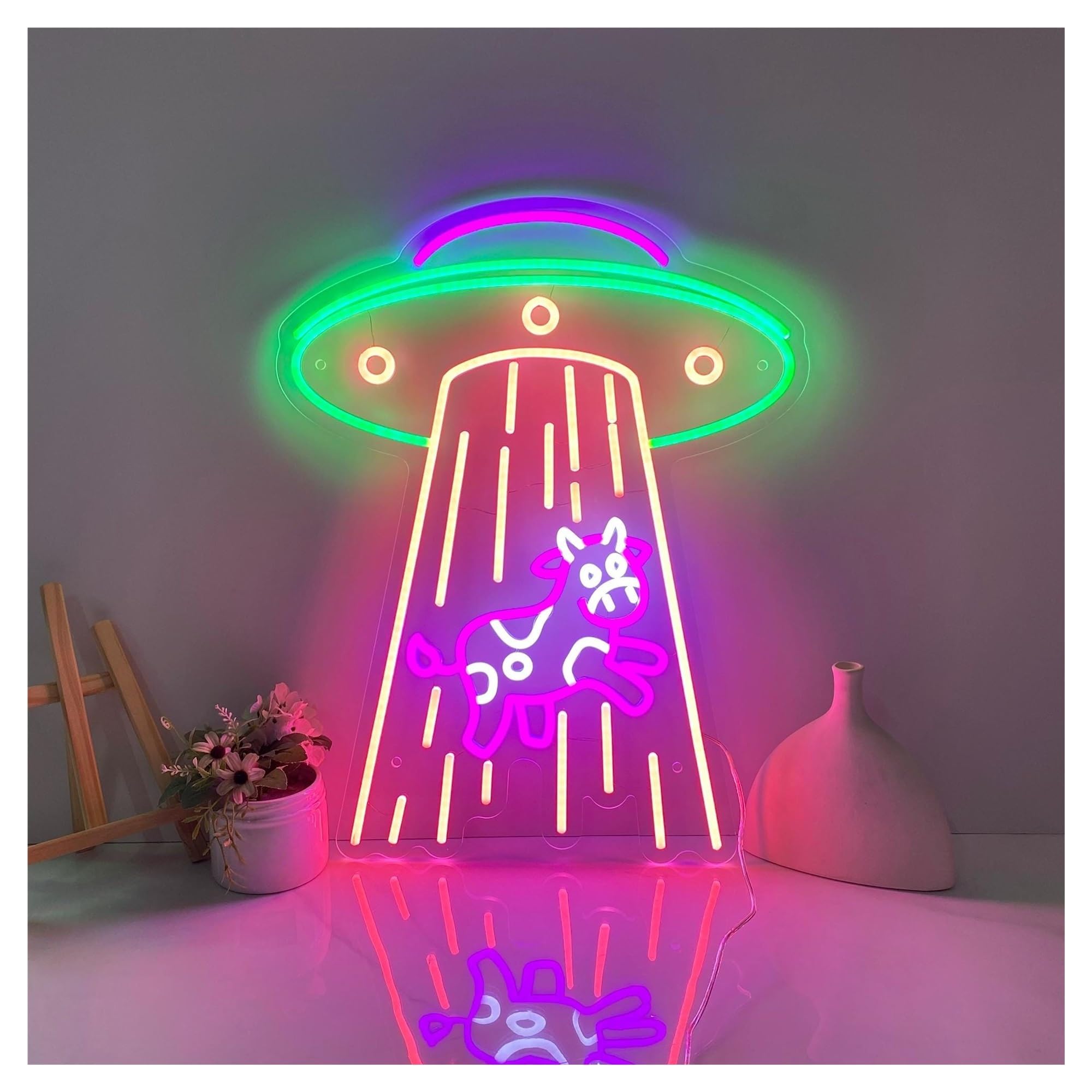 RONGCH Hanging Art Signs UFO Kidnapping Cow Neon Sign,Suitable for Bedroom Decor with Dimmable 48cmx60cm(A)