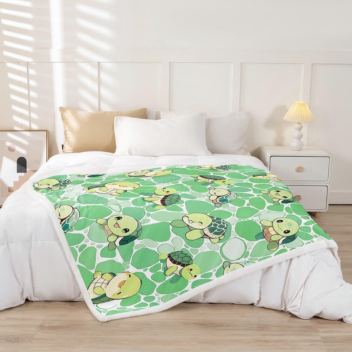 Cartoon Sea Turtle Fleece Blanket,Lovely Tortoise Ocean Animal Graffiti Plush Blanket for Kids,Lovely Room Decor,Geometric Circle Stone Green Marble Print Flannel Blanket,Twin 60"x80"