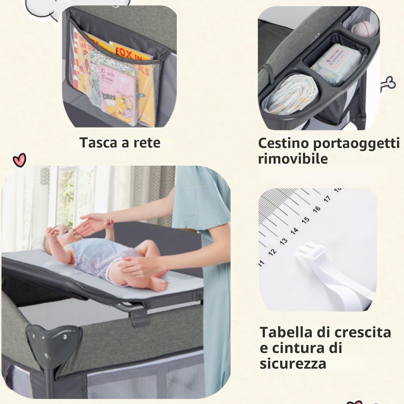 LIFEZEAL 5 in 1 Lettino Neonato Pieghevole 112x82x82cm, Culla Co-sleeping per Bimbo 0-3 Anni Traspirante con Materasso e Borsa per Trasporto, Lettino da Campeggio con Fasciatoio e Cintura