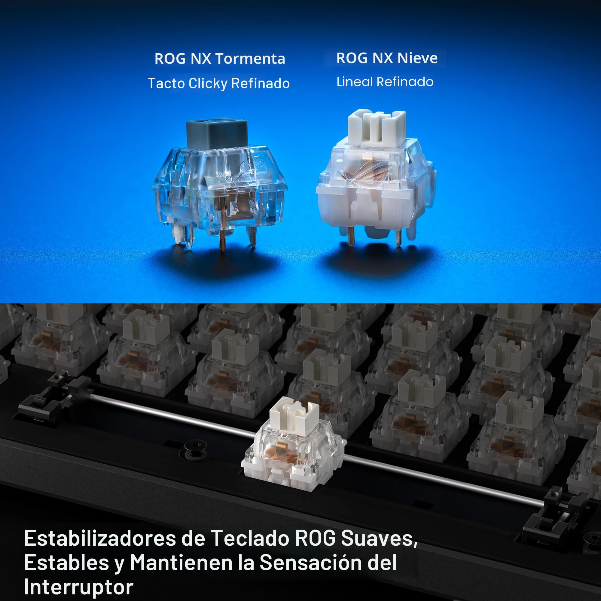ASUS ROG Strix Scope II 96 Wireless Moonlight - Teclado mecánico Gaming - Tri-Modo, conmutadores y estabilizadores ROG NX Snow y Hot-Swap, 3 ángulos de inclinación y reposamuñecas, AZERTY