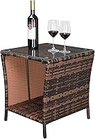 VINGLI Outdoor Wicker Side Table with Tempered Glass Top & Storage Shelf - Durable Patio End Table for Balcony, Porch, Deck (Brown)