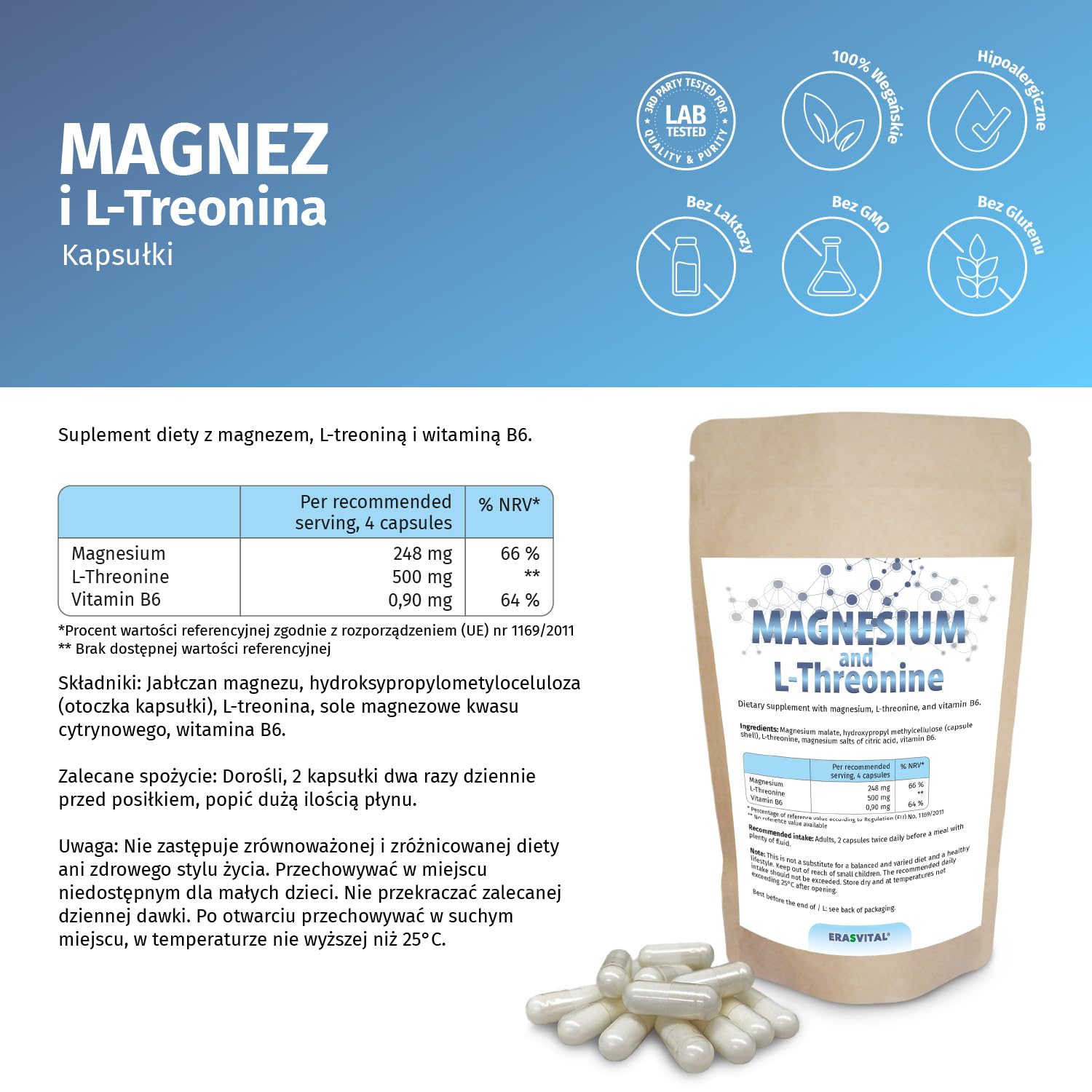 Magnesio L-Treonina 720 cápsulas Suministro para 1 mes: contribuye a la producción de energía a nivel celular y favorece la función muscular y nerviosa Vegan
