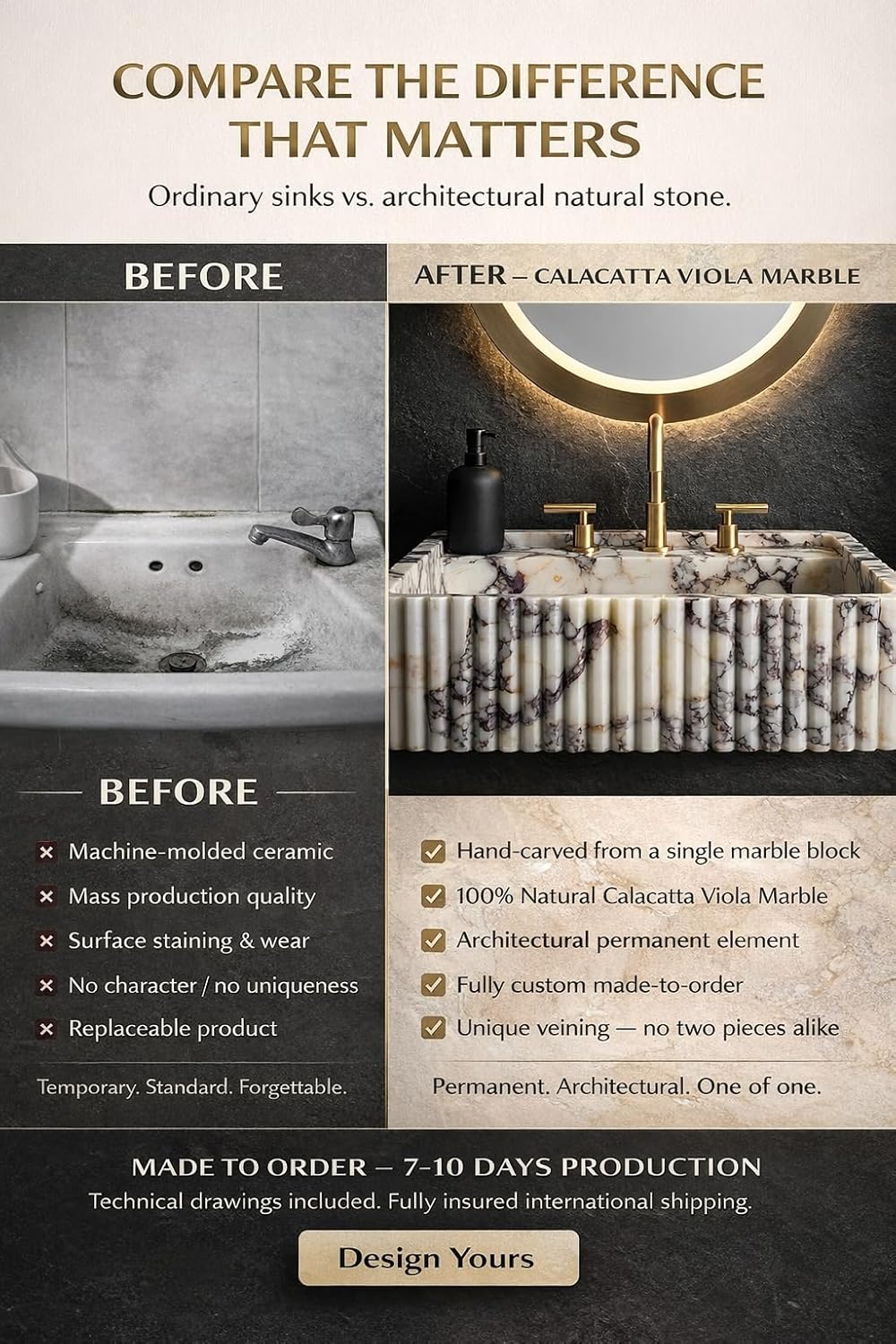 Calacatta Viola Marble Sink – Hand-Carved Floating Stone Basin | Custom Size Vessel Sink | Wall-Mounted or Vanity Top Sink | Bathroom, Powder Room Basin & Farmhouse Kitchen Sink