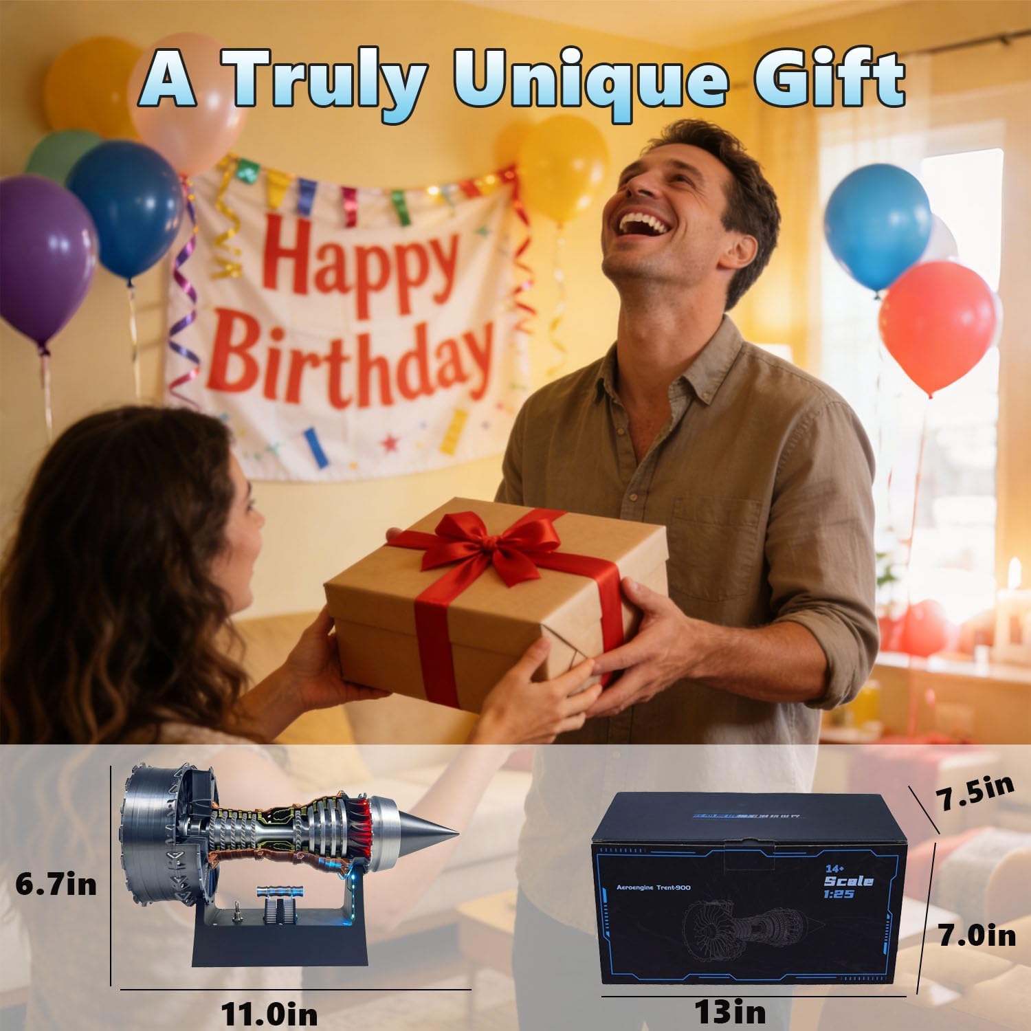 TR900 Turbofan Engine Model, Adjustable Speed Aircraft Turbojet Engine with LED Light, Mechanical Science Aero Engine Education Toy Desk Decor for Adult Hobbyists,28cm (Assembly Version-Blue+Red)