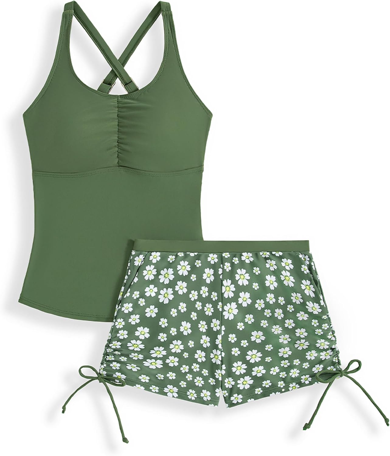 Vibebox Girls Tankini Swimsuit Two Piece Bathing Suits Summer Hawaiian Tank Top and Bows Tropical Print Shorts for 9-16 Years