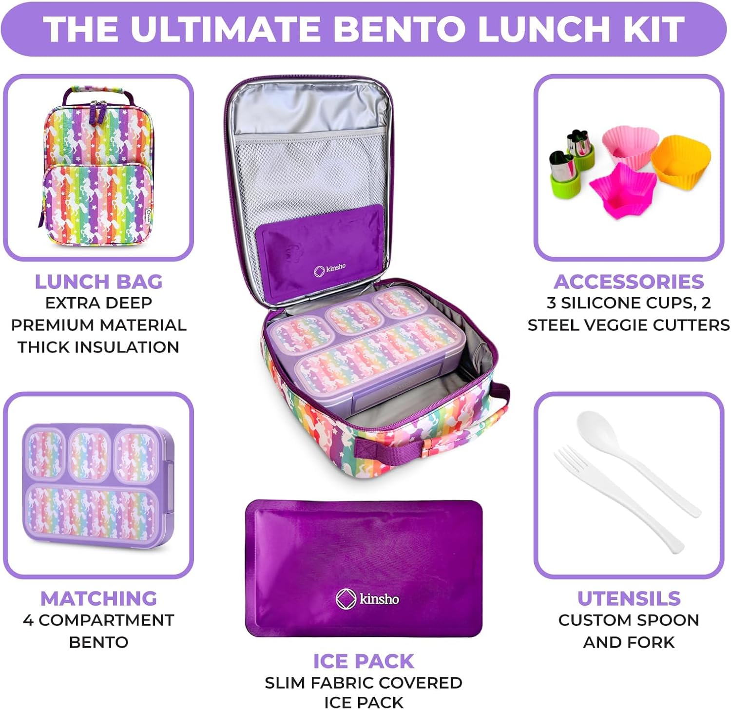 Bento Lunch Box with Insulated Bag, Ice Pack and Bento Accessories for Girls. Snack Containers with 4 Compartment Dividers for Toddlers Pre-School Daycare BPA Free Set, Utensils, Rainbow Unicorn