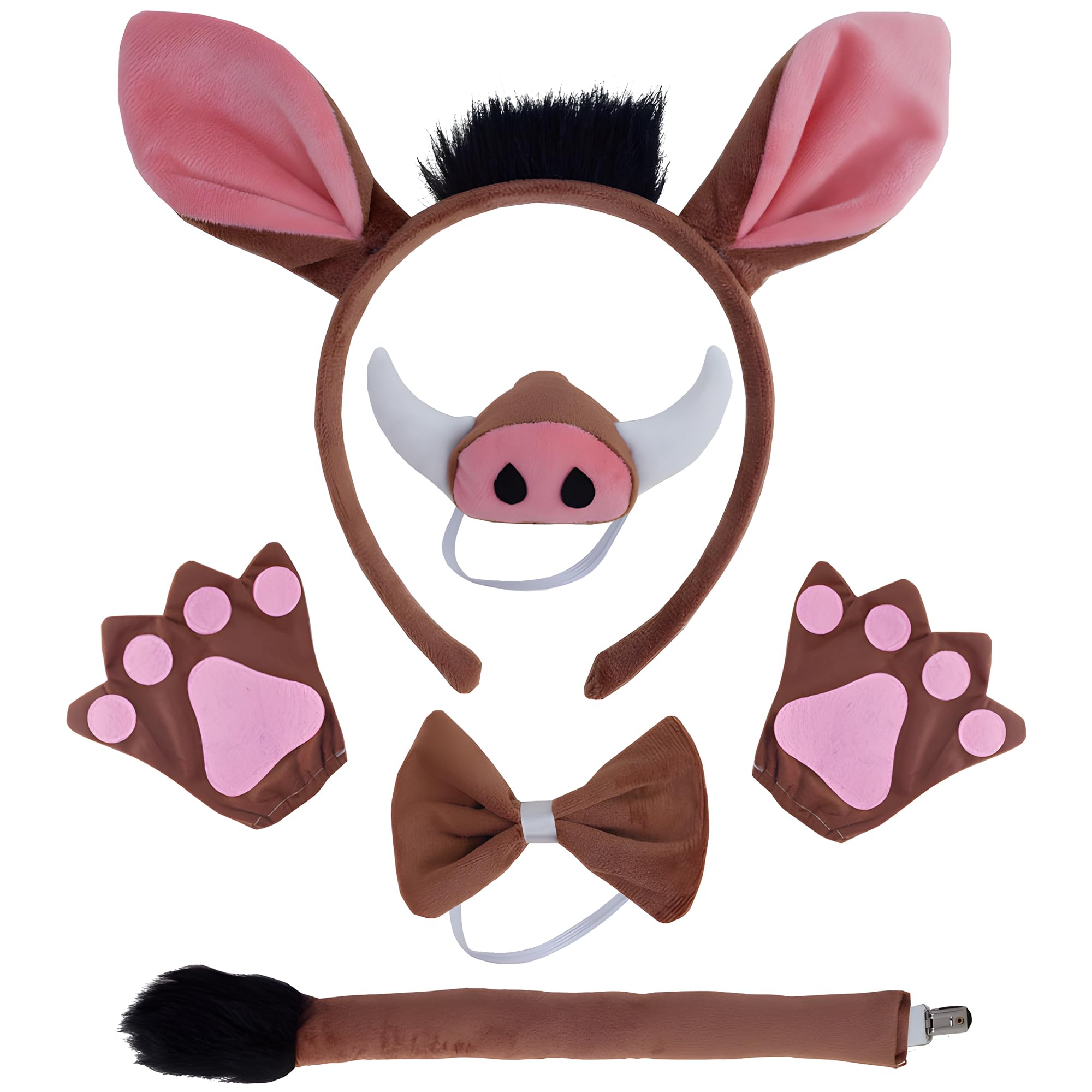Jyeennar 5pcs Brown Warthog Costume Set,Plush Warthog Ear Headband Nose Bowtie and Tail Props for Women Men Cosplay Animals Halloween Party Costume Accessories