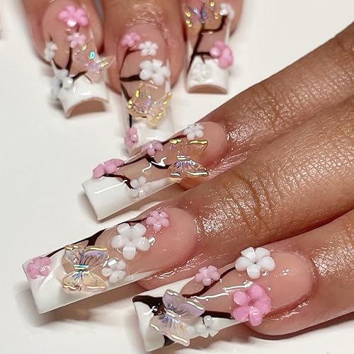 BABALAL Uñas postizas a presión de punta francesa, uñas postizas largas y cuadradas, uñas blancas con pegamento en 3D, diseño de mariposa, uñas disponible en Yaxa Peru