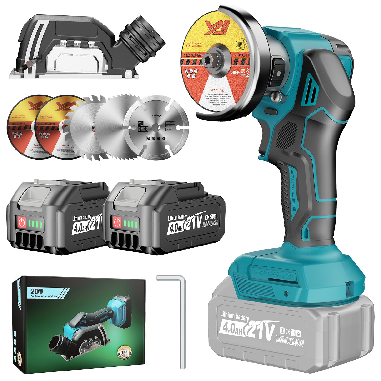 Yofuly Mini Angle Grinder Battery Compatible with Maa-kita 18V Battery, 2 4.0Ah Batteries, 76MM 19500RPM Radial Small Electric with 5 Cutting Discs and Dust Cover for Cutting
