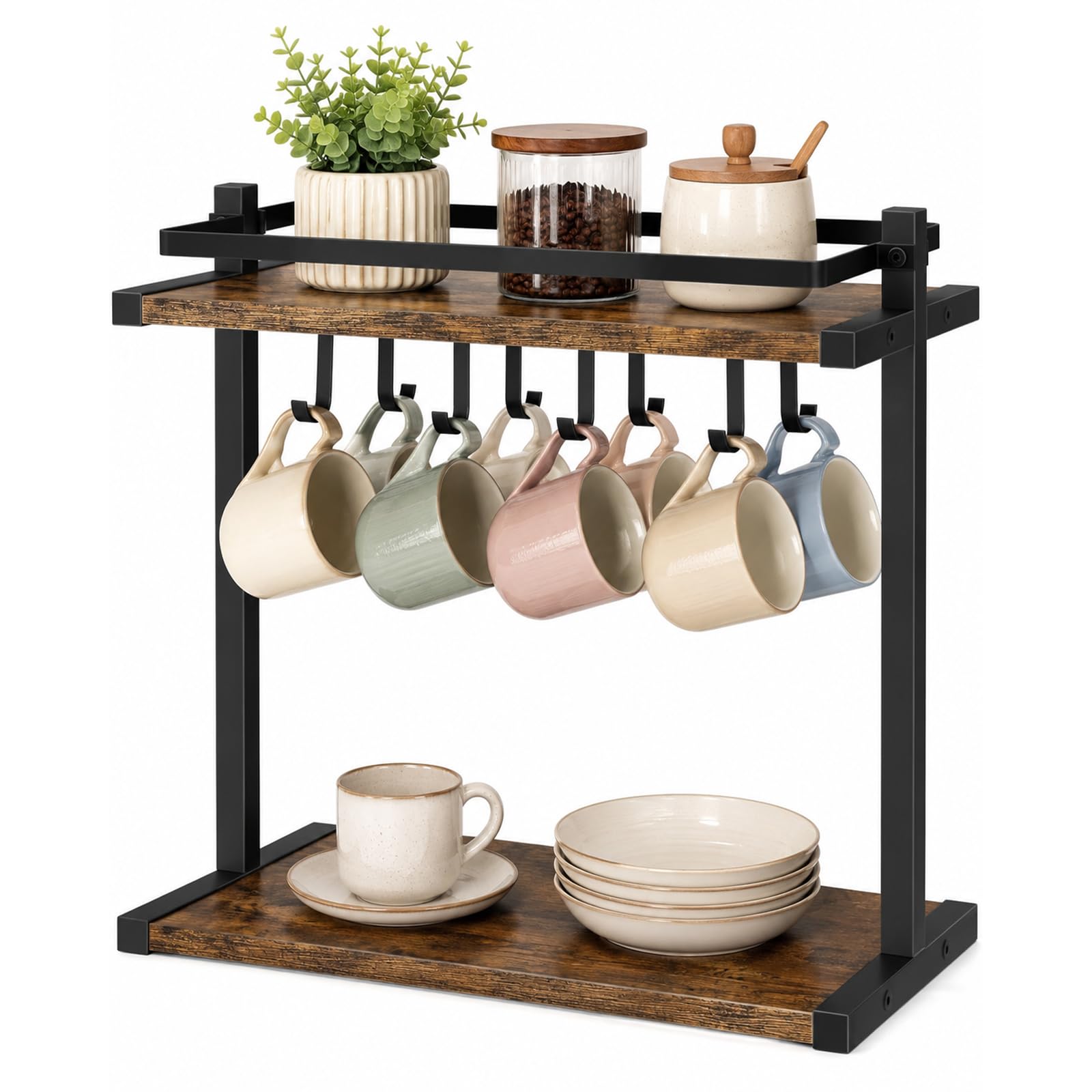 2-Tier Mug Tree with Storage Base 16-Hook Countertop Cup Holder Organizer Mug Display Organizer for Coffee Tea Mugs (Black 8 Hooks)