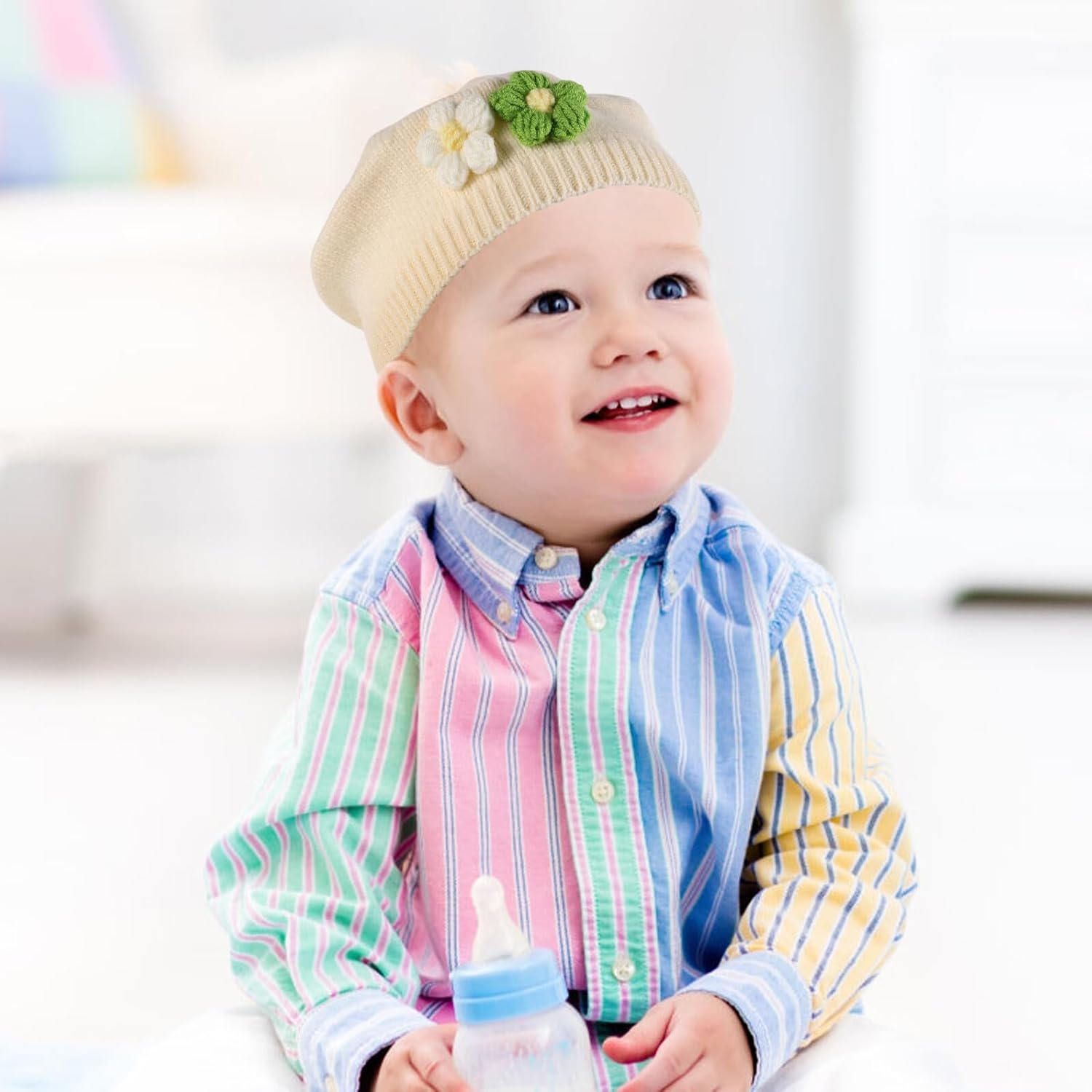 Ipetboom Baby Girls Winter Beret Hat with Flower, Green Fabric
