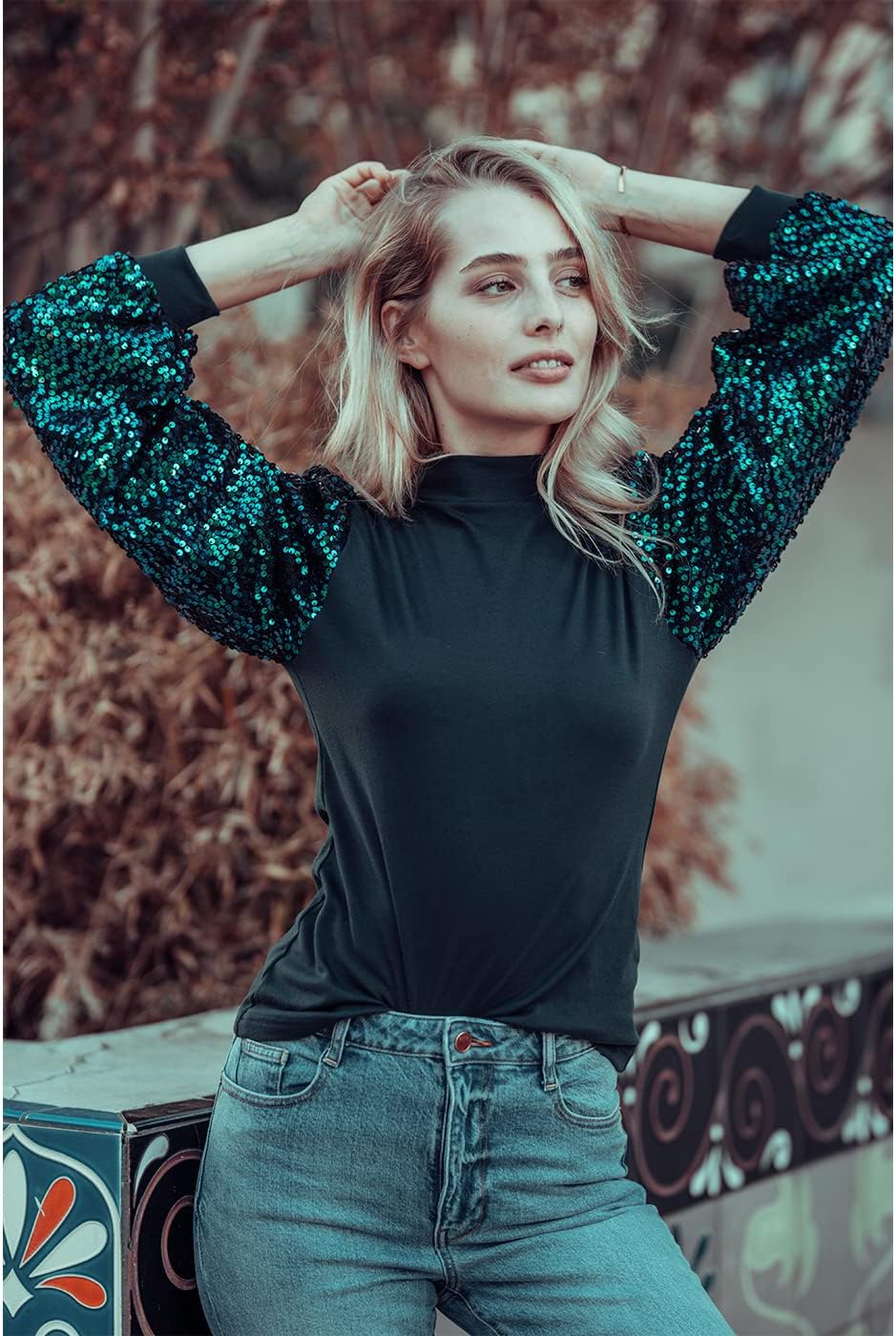 Anna-Kaci Women's Confetti Sequin Balloon Long Sleeve Mock Neck Pullover Sweatshirt - Image 5