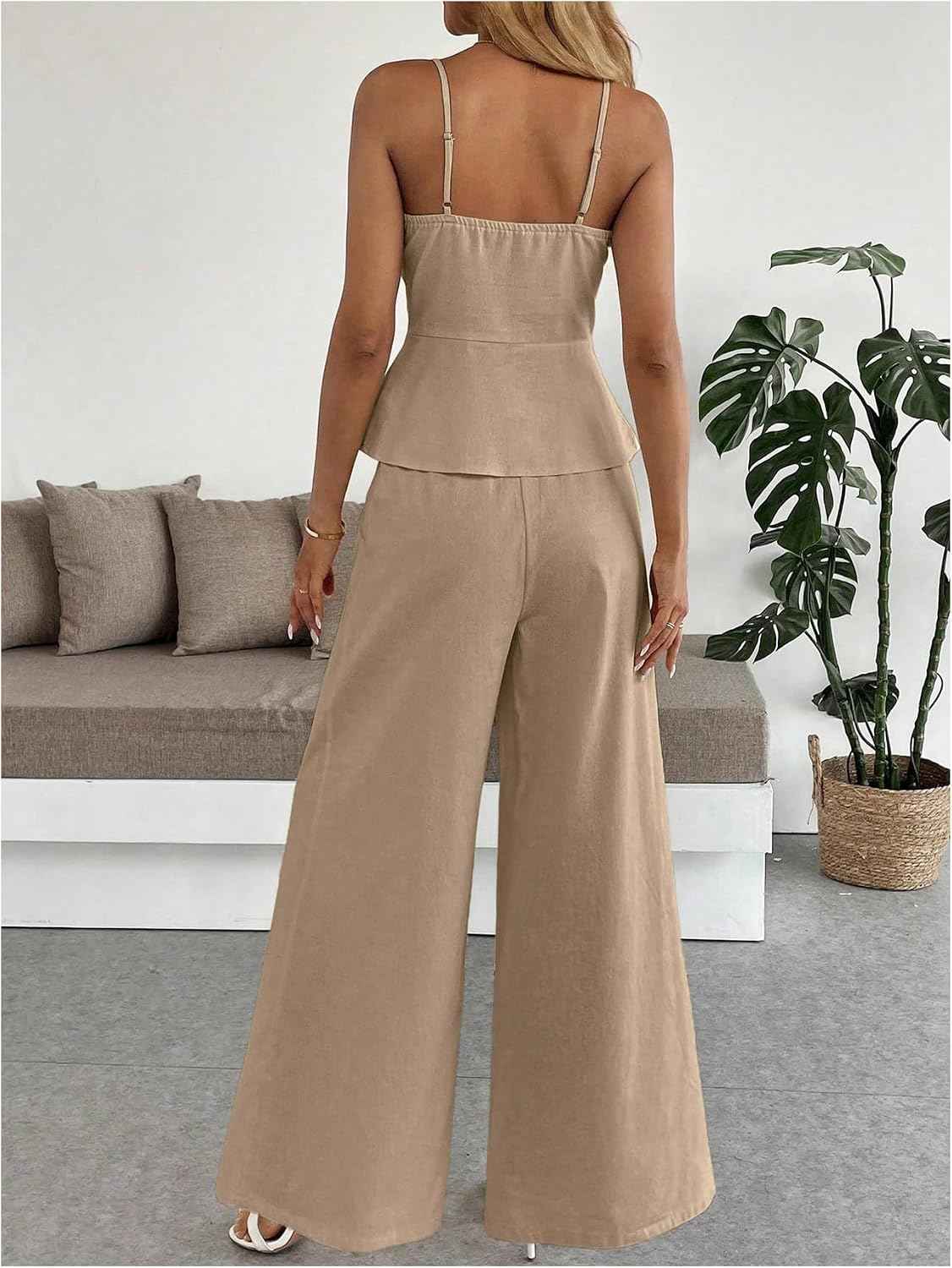 SOLY HUX Women's 2 Piece Summer Outfit Button Down Peplum Cami Top and Wide Leg Pants Set