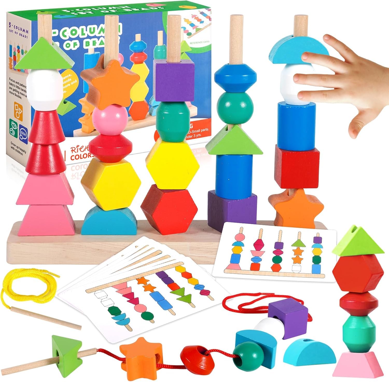 SHINETOY ENTERTAIN KIDS Kids Montessori Toys,Wooden Beads Sequencing Toy Set,Lacing Beads & Matching Shapes Colors Stacking Toy for 2-5 Year Old,Preschool Learning Fine Motor Skills Toys,40 Pcs - Image 9 thumbnail