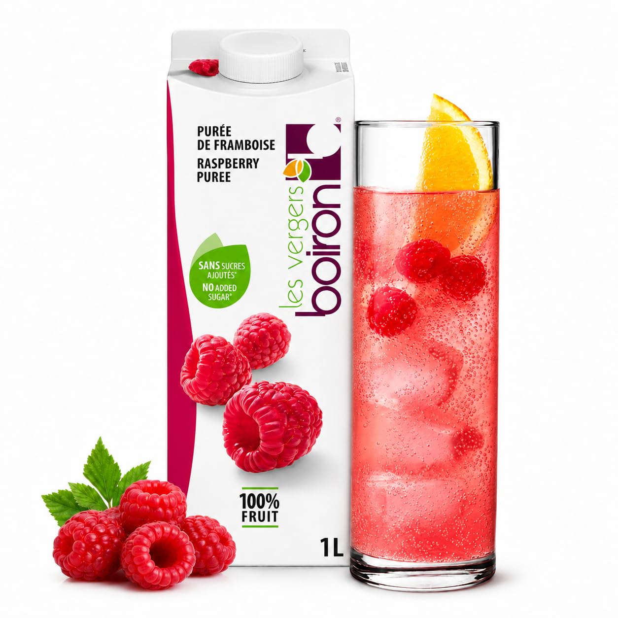 Boiron | Purée de framboise 100% fruits – Sans sucre ajouté, arômes, colorants ou conservateurs | Parfait pour les cocktails, desserts, pâtisserie et crème glacée | 1 litre