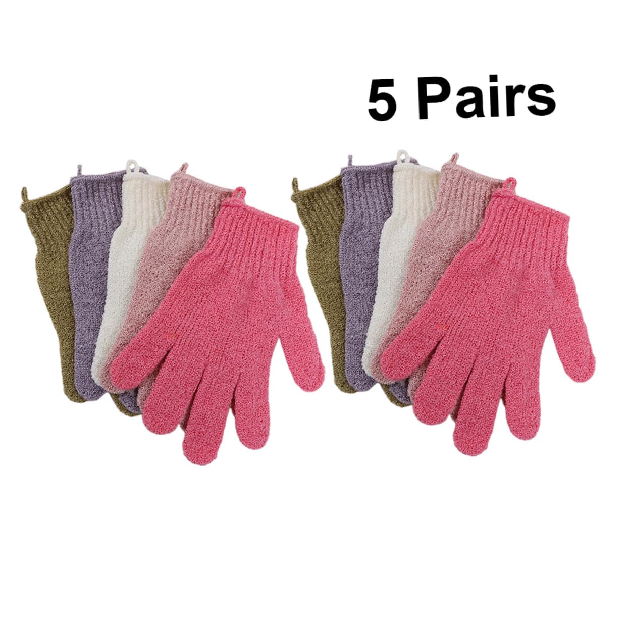 5 Pairs Double-sided Thickened Five-finger Scrub Gloves for Shower Bath Body Exfoliating Stretchy Universal Size with Convenient Hanging Lanyard Machine Washable Mixed Colors