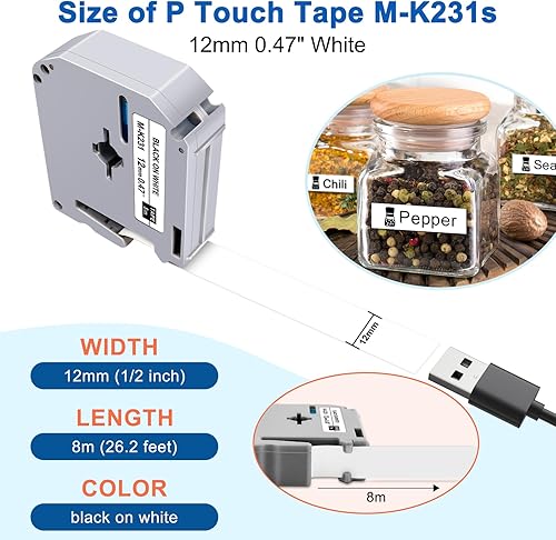 Miniatura 4 de BOYEEZON MK231 - Cinta de etiquetas compatible con Brother Ptouch M Tape 0.472 in 0.47 White M-K231S MK-231 M231 Cinta de etiquetas para Brother