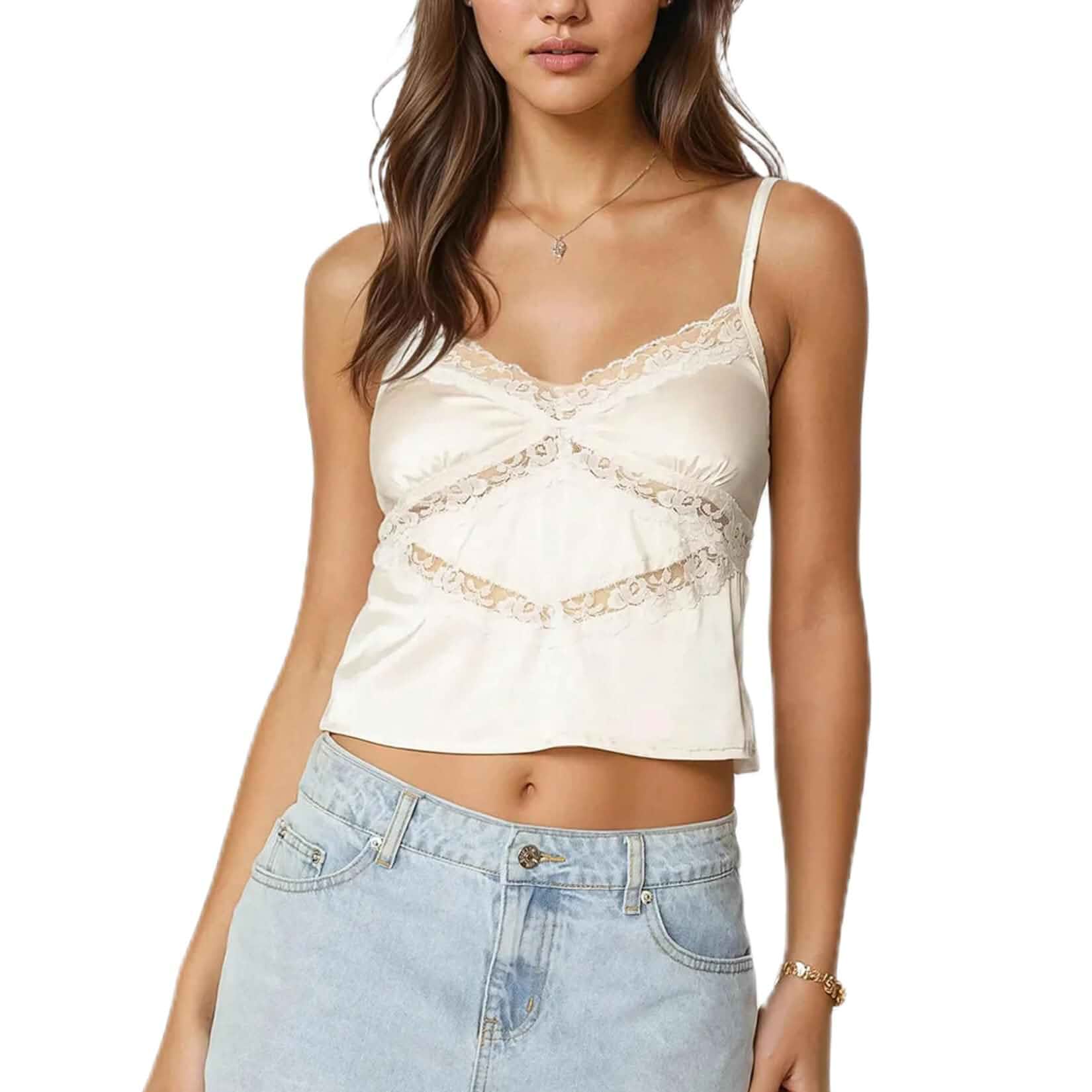 Women Lace Trim Satin Tank Top Sexy V Neck Spaghetti Strap Sleeveless Silky Cami Shirt Coquette Streetwear Regular Fit