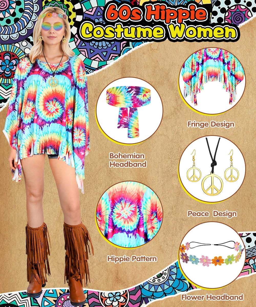 Disfraz Hippie Mujer, Conjunto de Disfraz Hippie Años 60, Disfraces de Hippies para Mujery Otros Accesorios, Hippies Capa Años 70 de Discoteca para Fiestas y Halloween