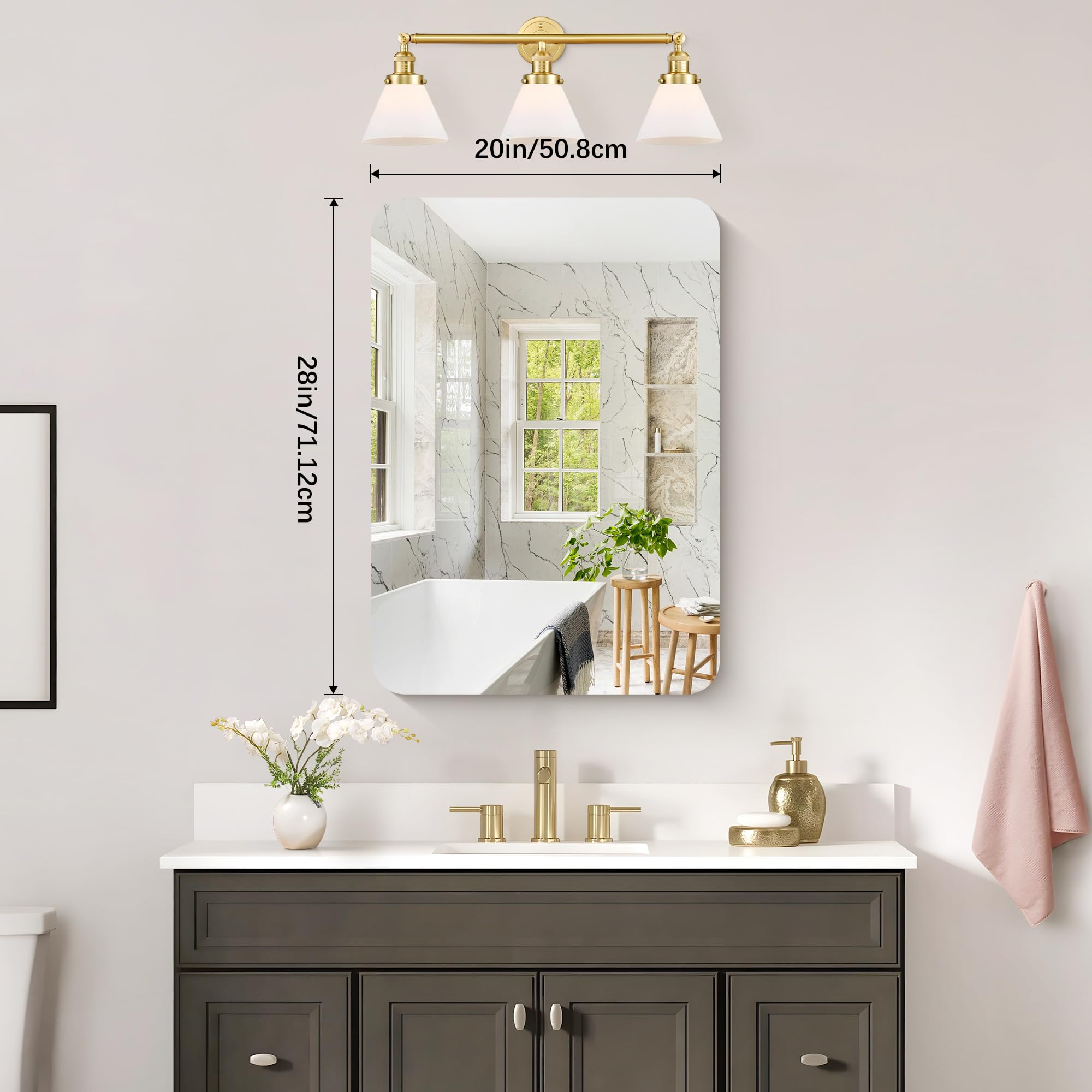 KOCUUY Espejo de baño Rectangular sin Marco, Espejo de Pared de 70 x 50 cm, Espejo con Cristal irrompible, reflexión HD, Esquinas Redondeadas, Adecuado para baños, dormitorios o vestidores.