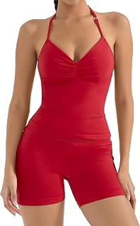 SUUKSESS Women's Seamless 2-Piece Workout Set: Halter Backless Longline Tank Top & Scrunch Butt Lifting Bike Shorts