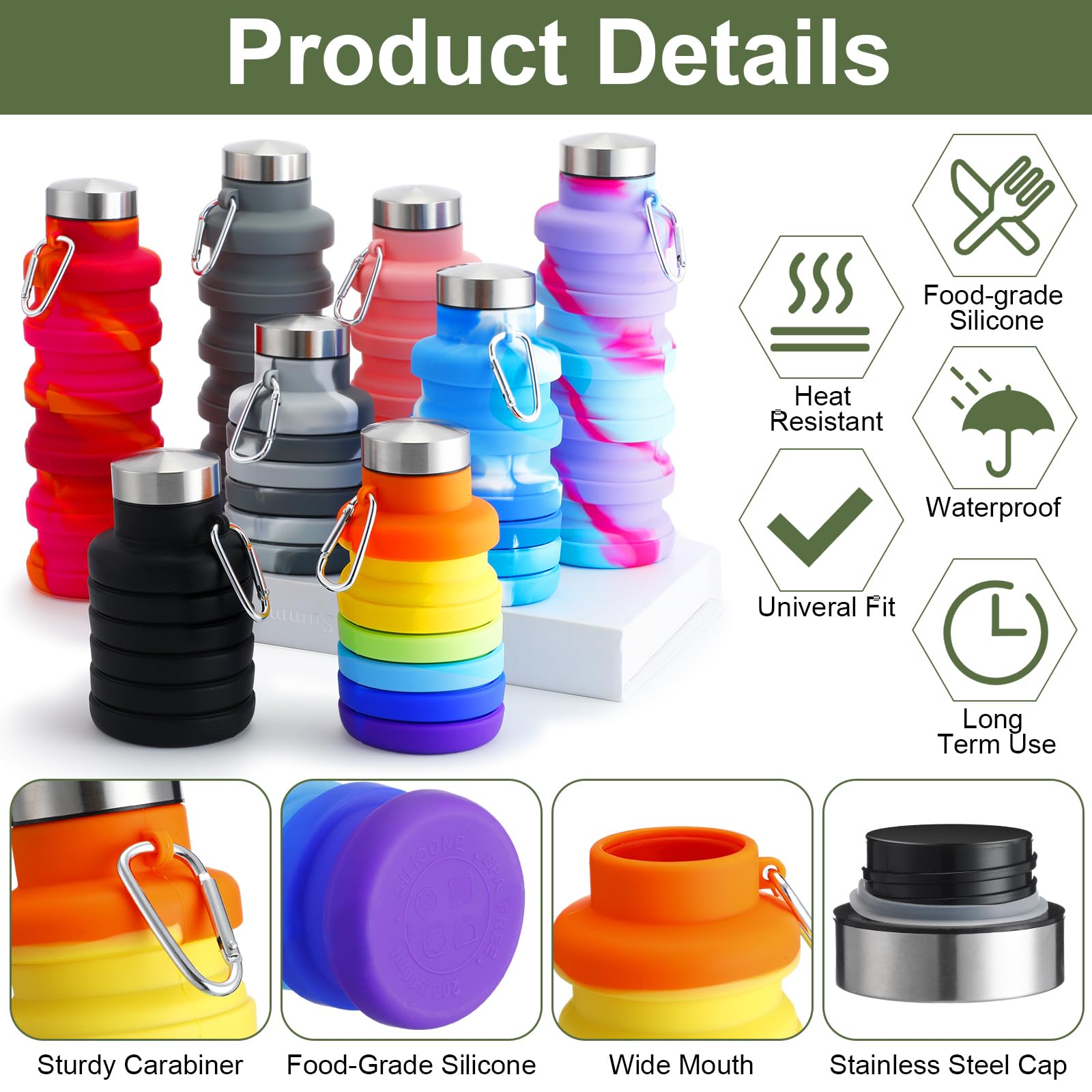 FillTouch Faltbare Wasserflaschen aus Silikon, wiederverwendbar, mit Karabiner, leicht, BPA-frei, erweiterbar, auslaufsicher, für Fitnessstudio, Reisen, Camping, Wandern, Outdoor, Indoor-Sport, 8