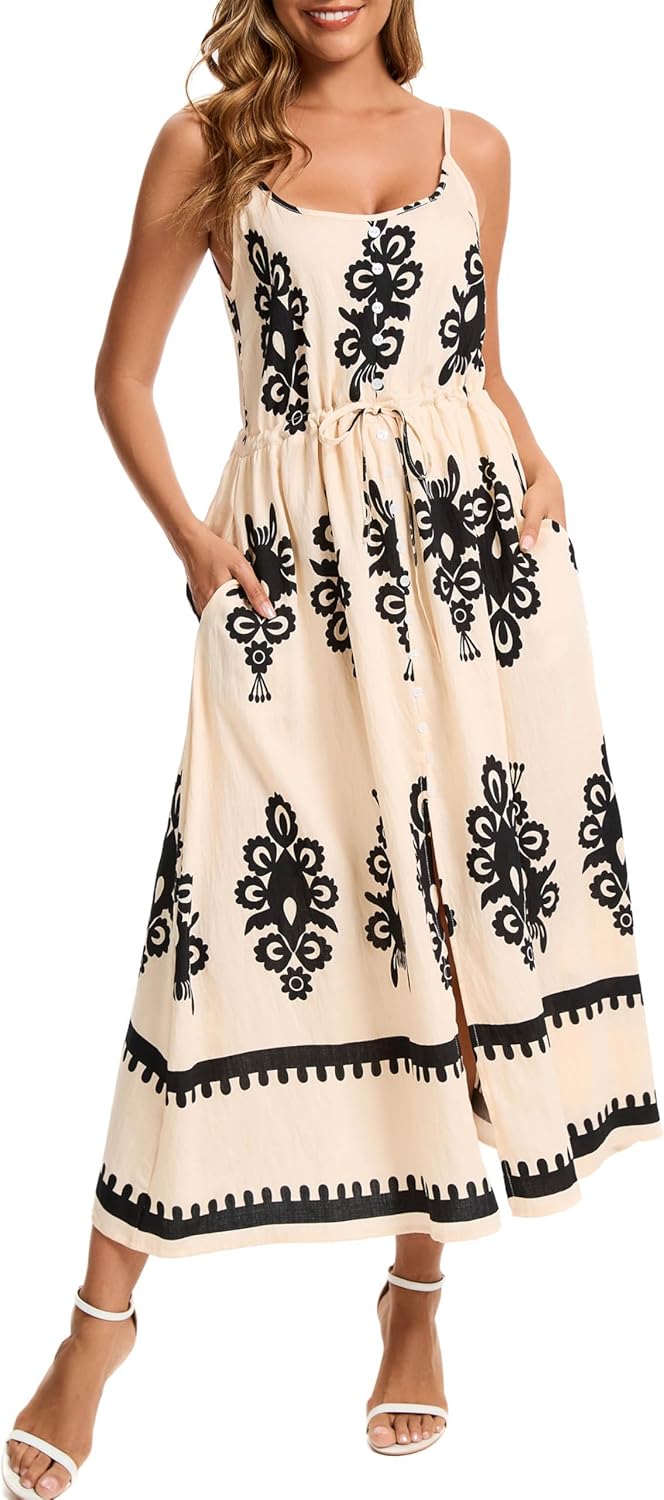 Kormei Women Summer Beach Dress Casual Boho Floral Sundress Spaghetti Strap Flowy Maxi Dresses with Pockets - Image 4