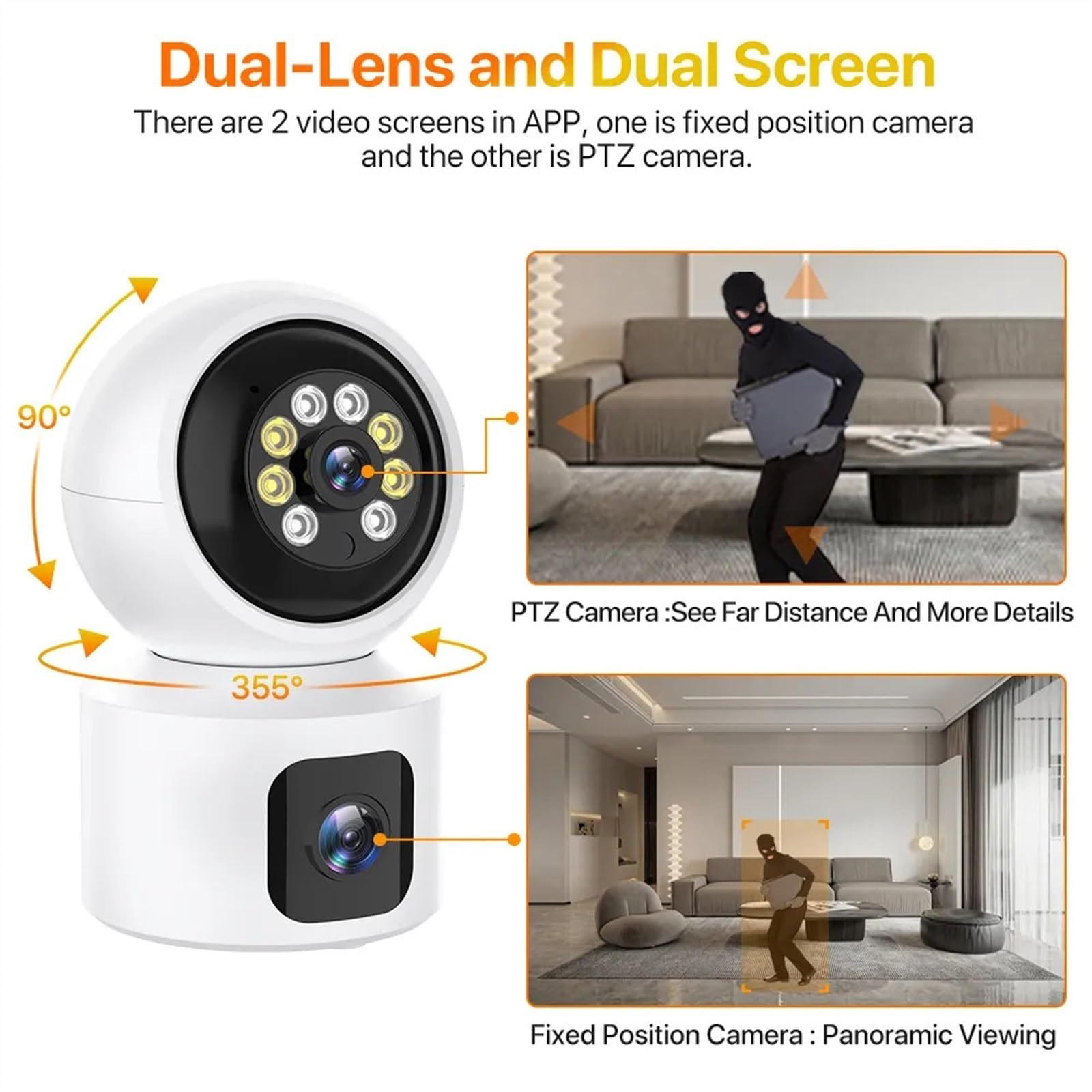 PIRKO 8MP Double Objectif WiFi IP caméra intérieure 4K HD Double écran Maison bébé Moniteur AI détection Humaine Mini caméra PTZ Surveillance de sécurité(Camera Add 32G)