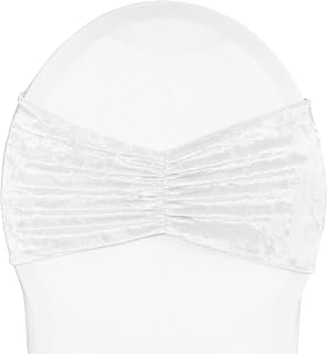 6 Pcs, Velvet Ruffle Stretch Chair Band - White for Weddings, Baby Showers, Birthday Party, Corporate Party, Bridal Shower, and Banquet Event