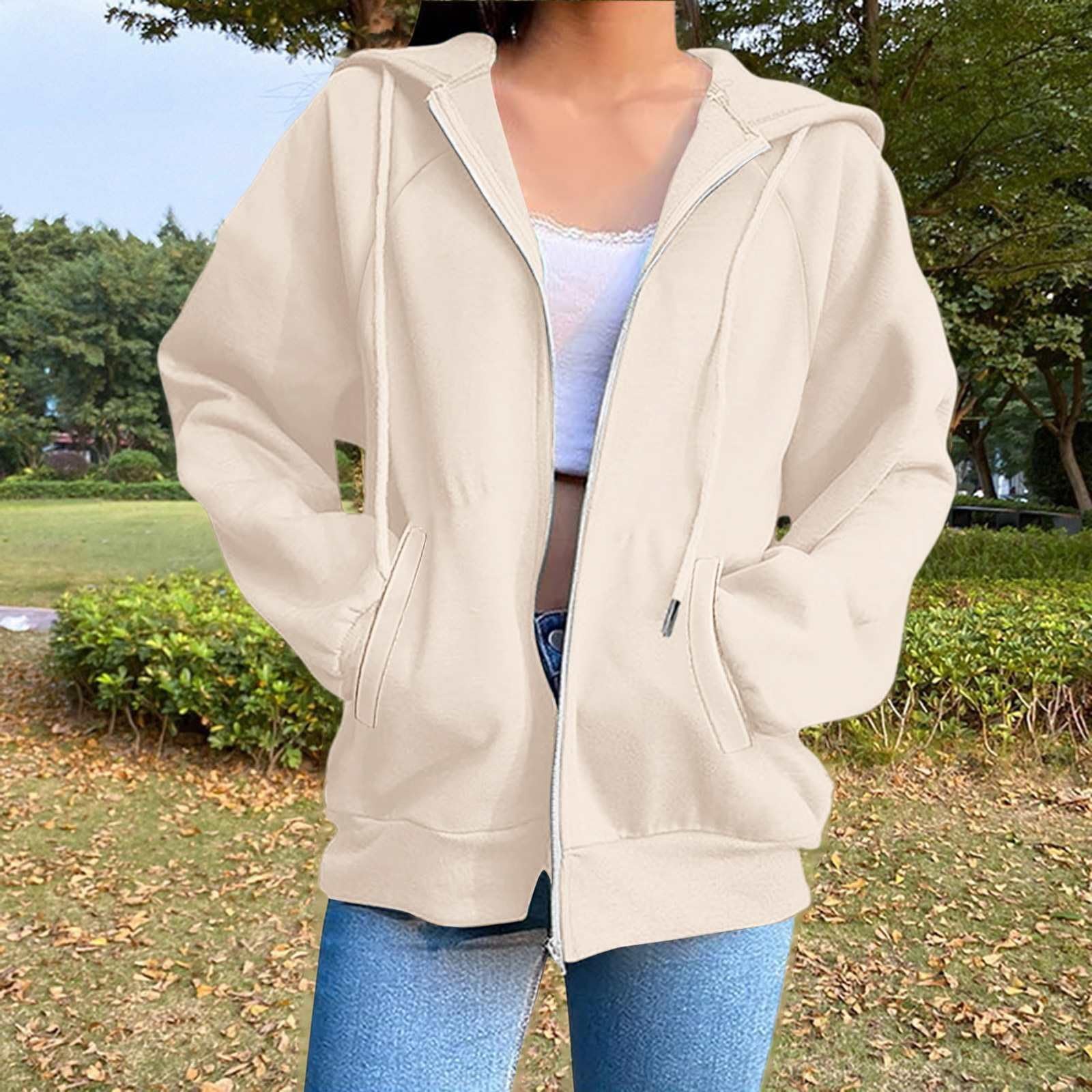 Sweat à capuche zippé 2025 pour femme - Veste polaire surdimensionnée avec cordon de serrage - Joli sweat à capuche léger pour l'automne avec poches