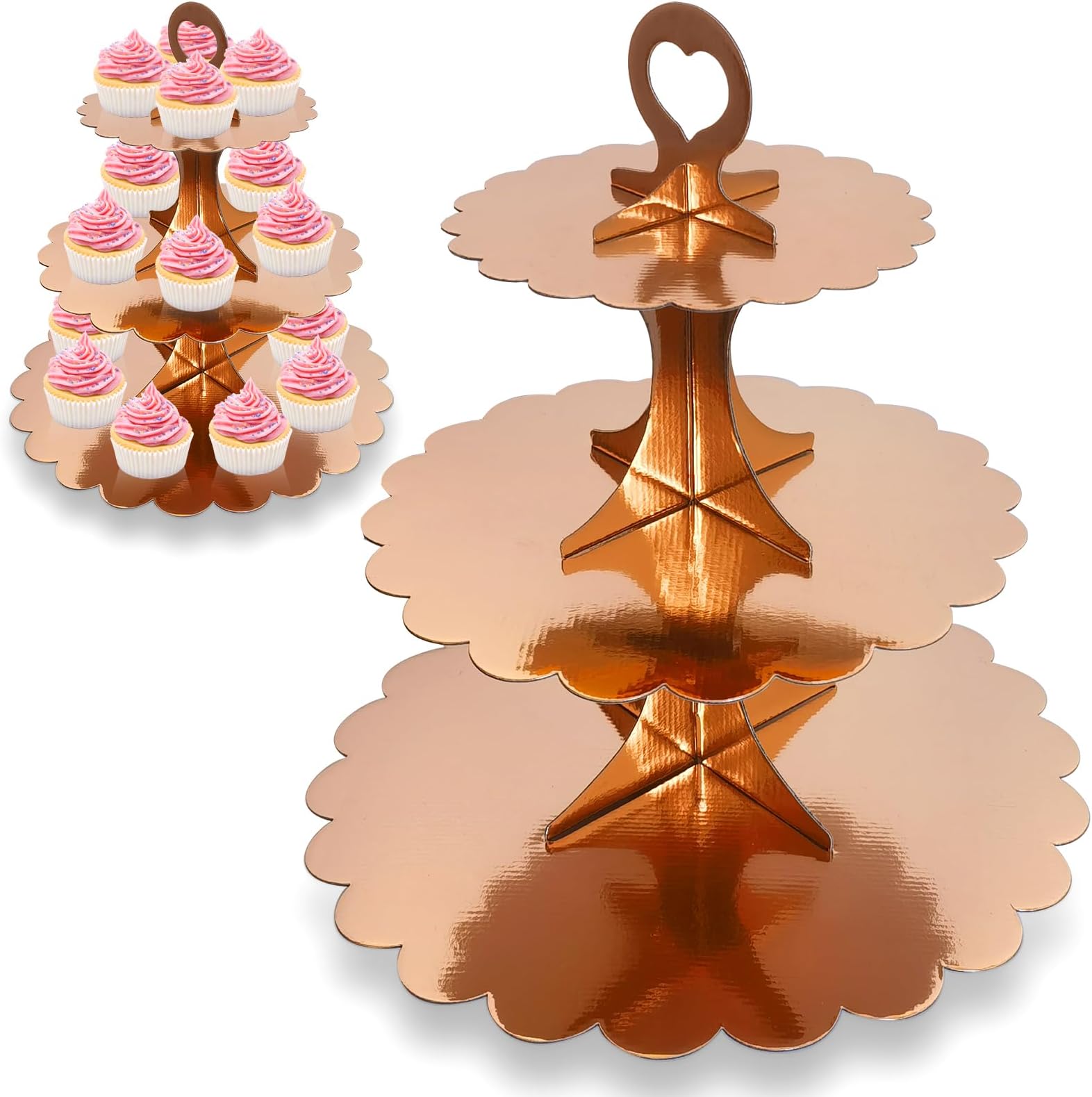 2 Pack 3 Tier Rose Gold Cupcake Stand for 24 Cupcakes, Cardboard Cake Tower for Parties and Celebrations