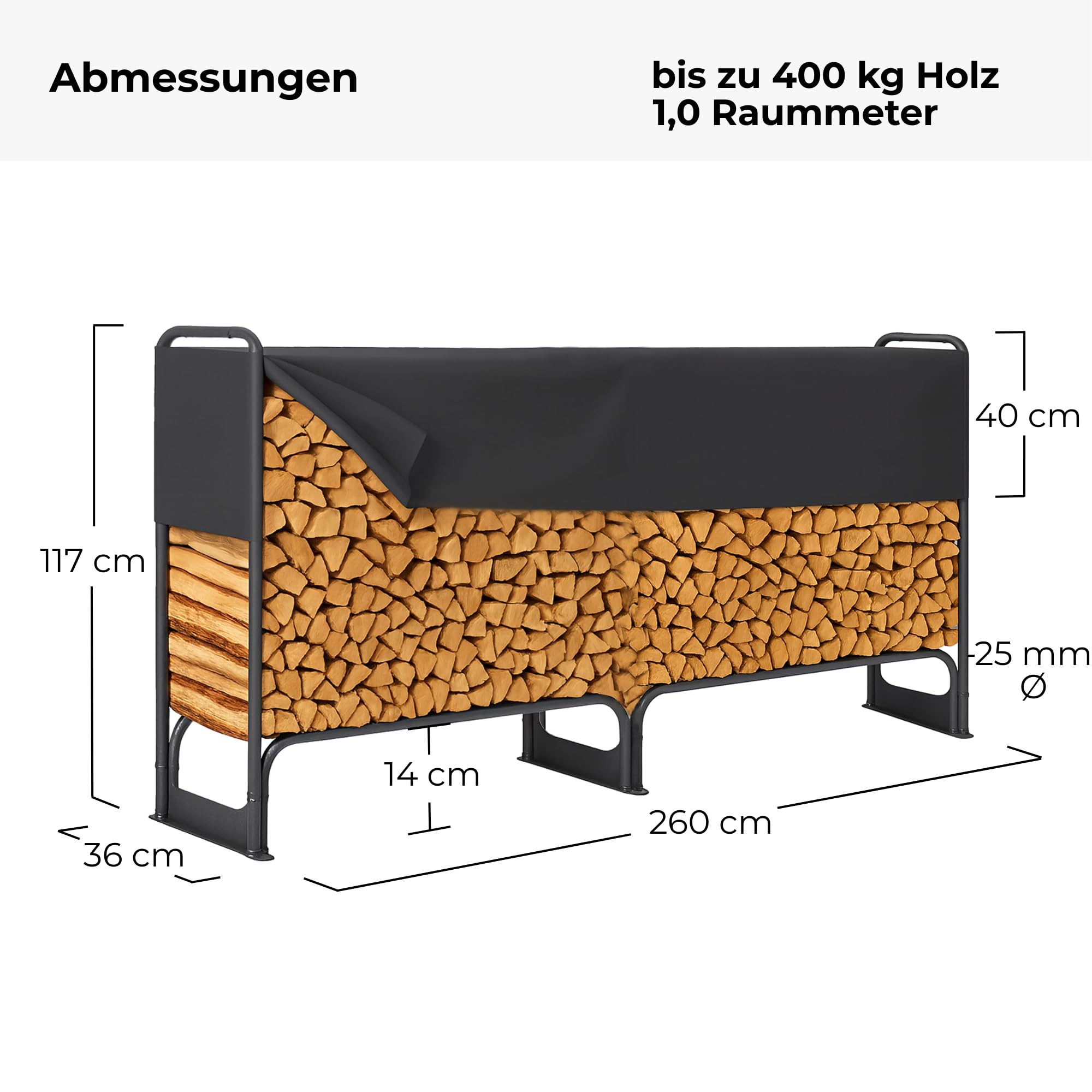 osoltus Kaminholzregal Metall Brennholzregal mit Abdeckung (XL (260 x 36 x 117 cm))